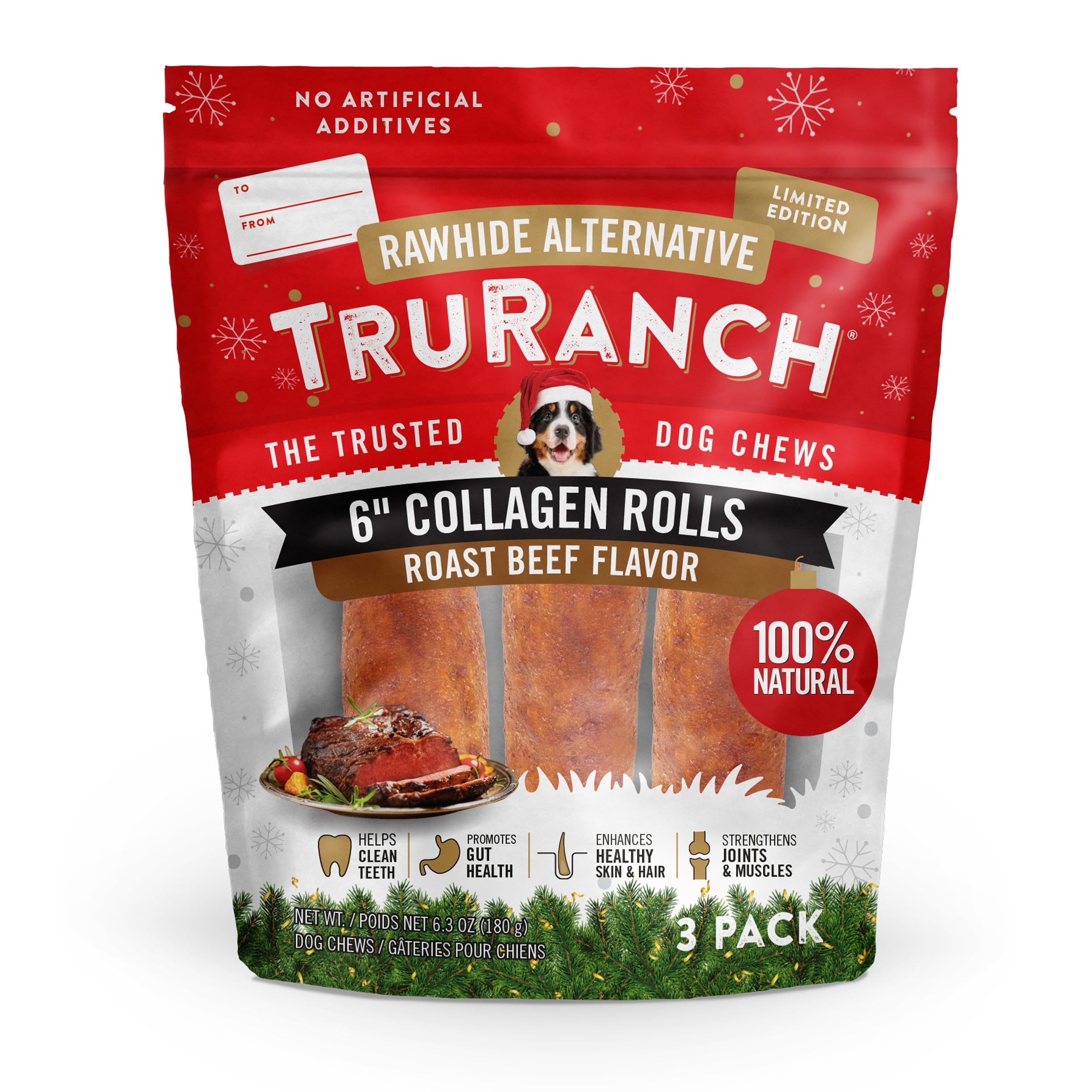 TRURANCH collagen rolls roast beef packaging highlights rawhide-free holiday treat