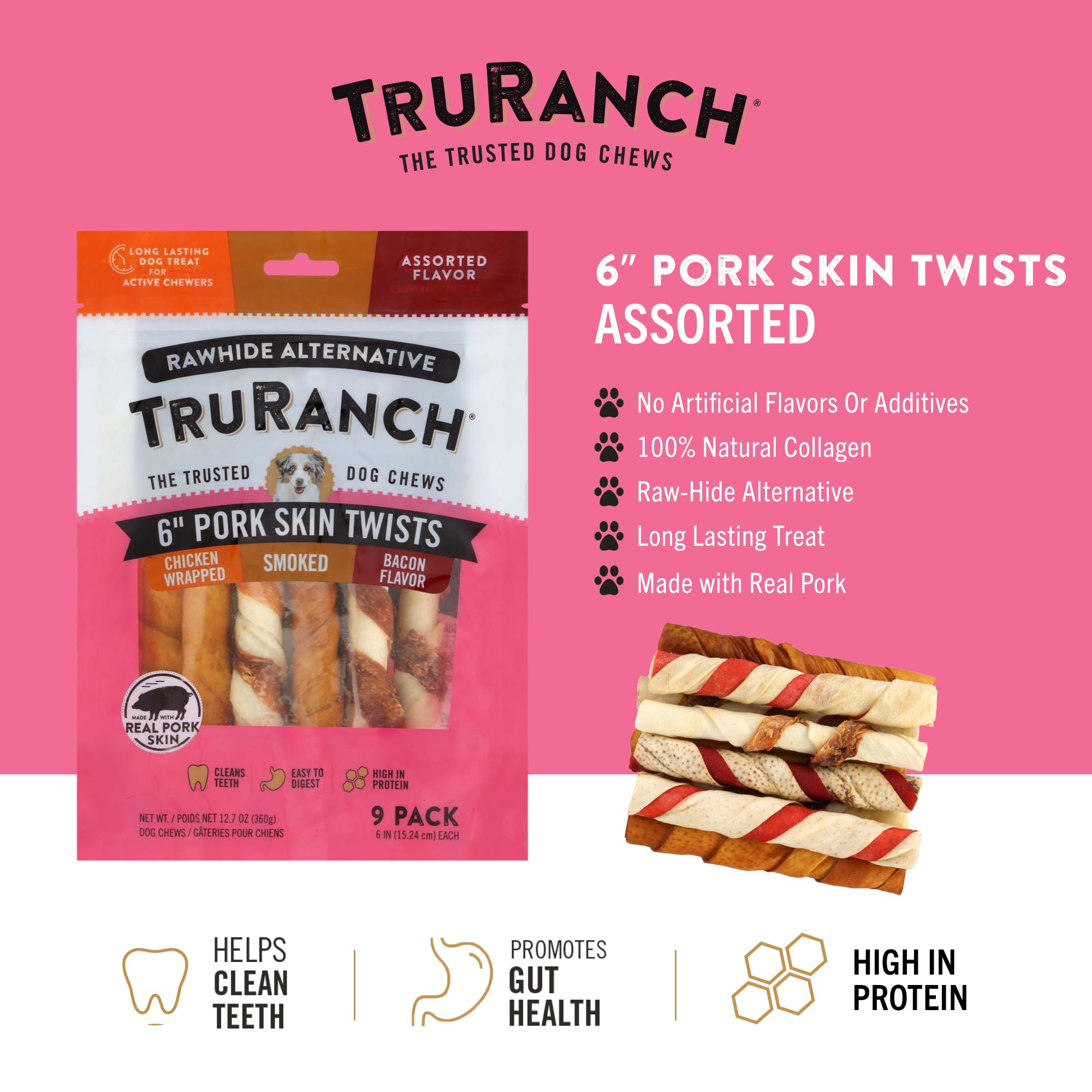 TRURANCH pork skin twists close-up texture highlights chewy durable bite for moderate chewers.