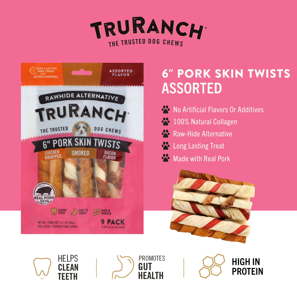 TRURANCH pork skin twists close-up texture highlights chewy durable bite for moderate chewers.