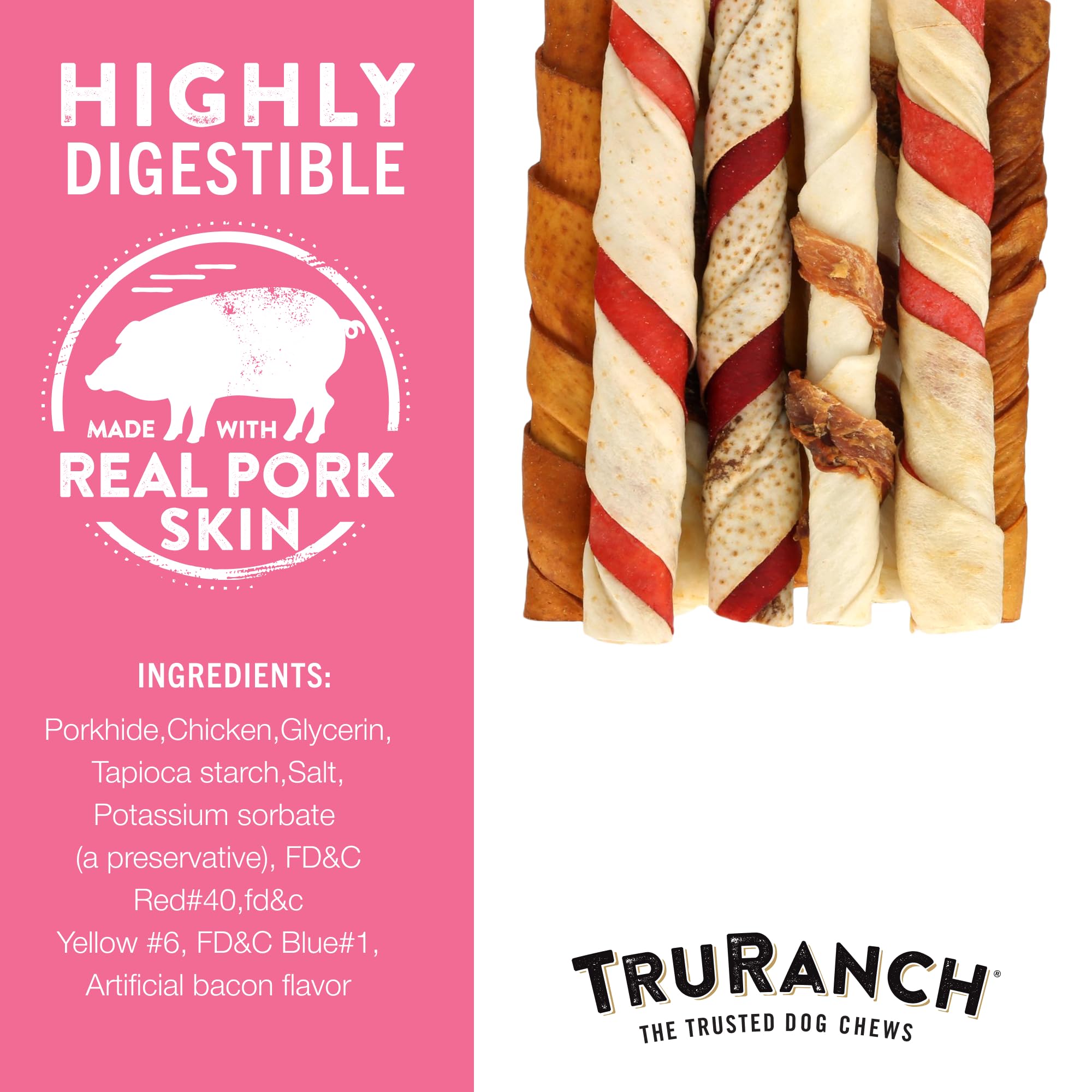 TRURANCH pork skin twists dog-snack portion on hand demonstrates easy training rewards.