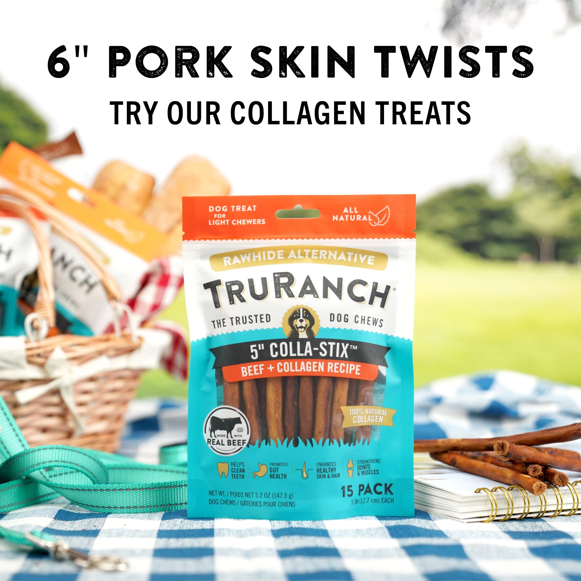 TRURANCH pork skin twists open-bag shot suggests convenient, mess-free treat time for pets.