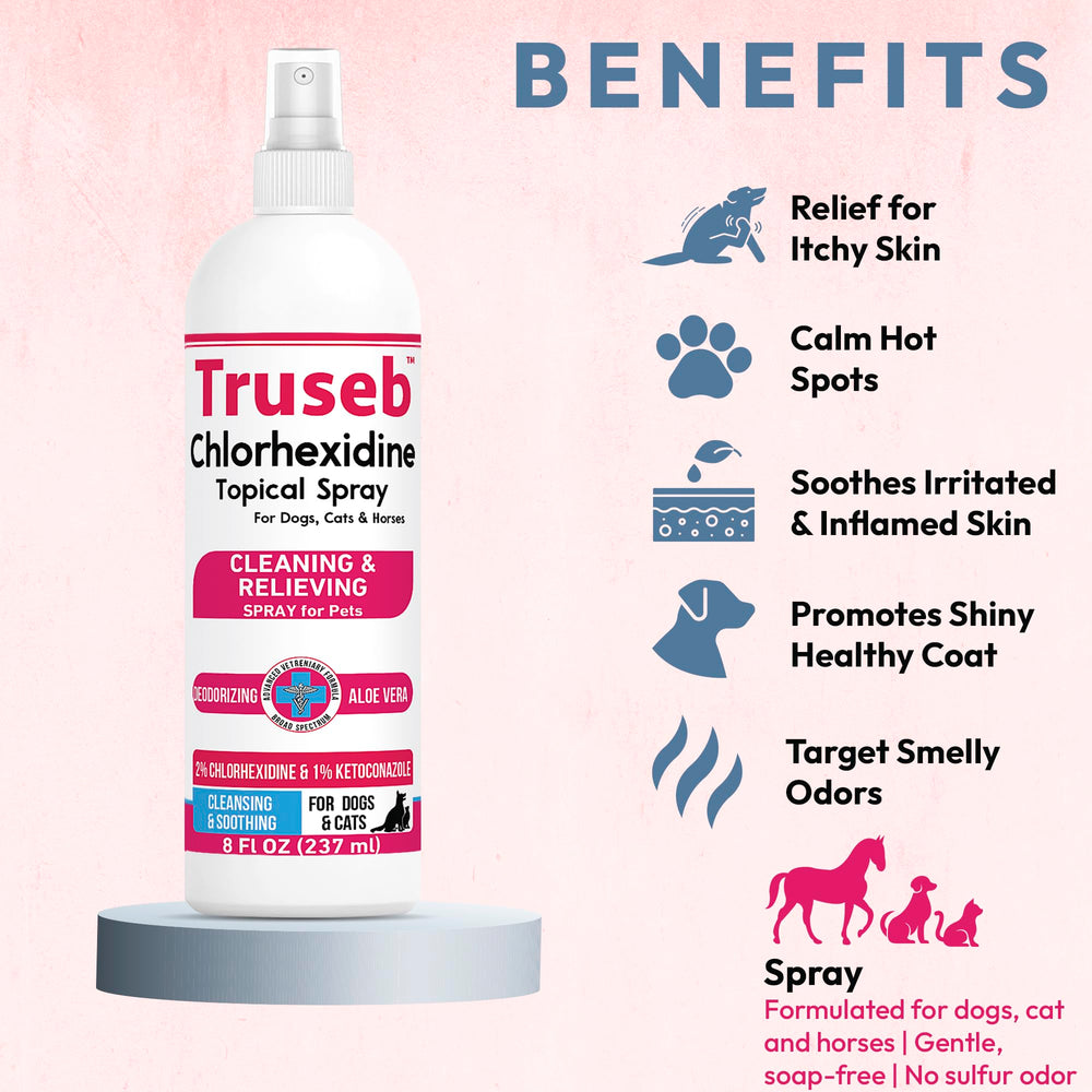 Truseb coat and skin care image suggests deodorizing and soothing effects.