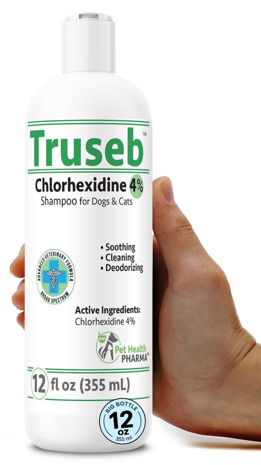 Truseb topical chlorhexidine 4% shampoo bottle for dogs, cats, and horses with Aloe for gentle cleansing.