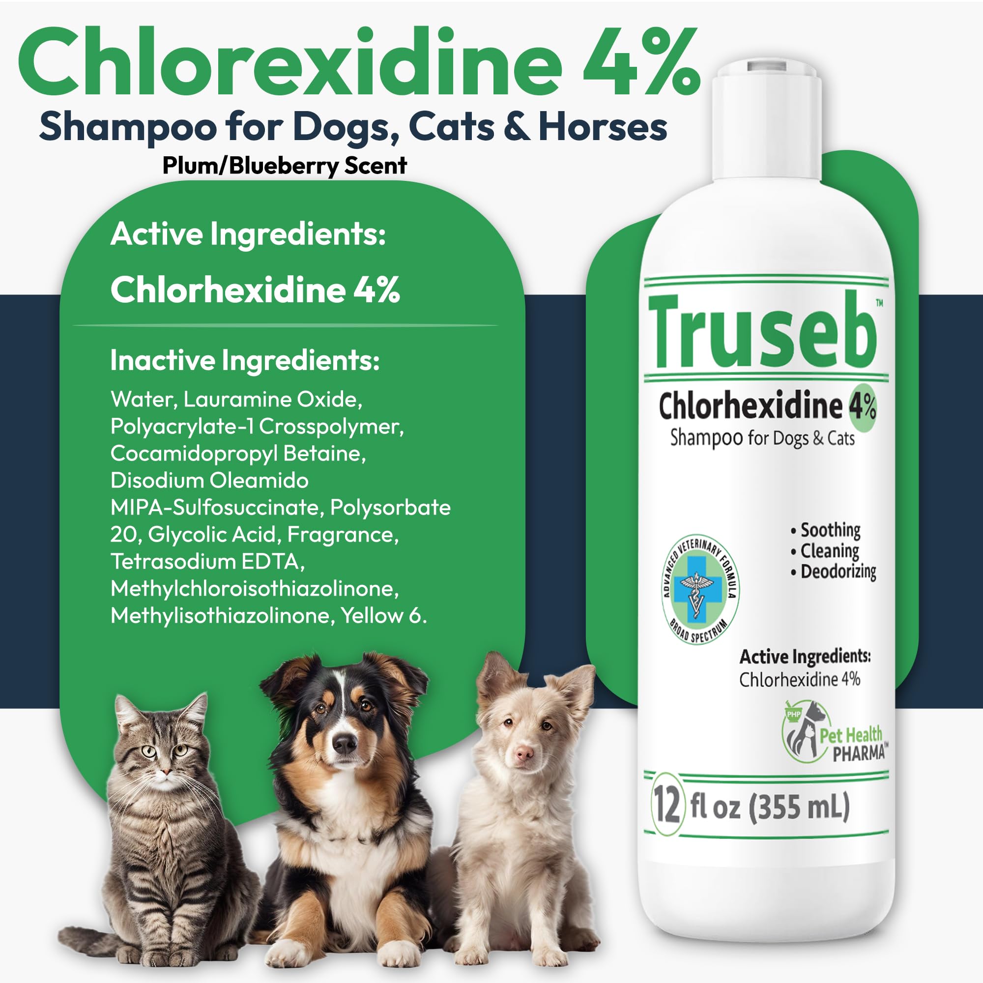 Truseb shampoo label showing Aloe and 4% chlorhexidine for pet care.