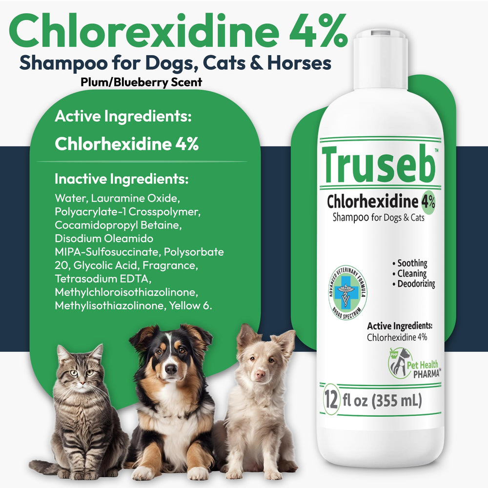 Truseb shampoo label showing Aloe and 4% chlorhexidine for pet care.