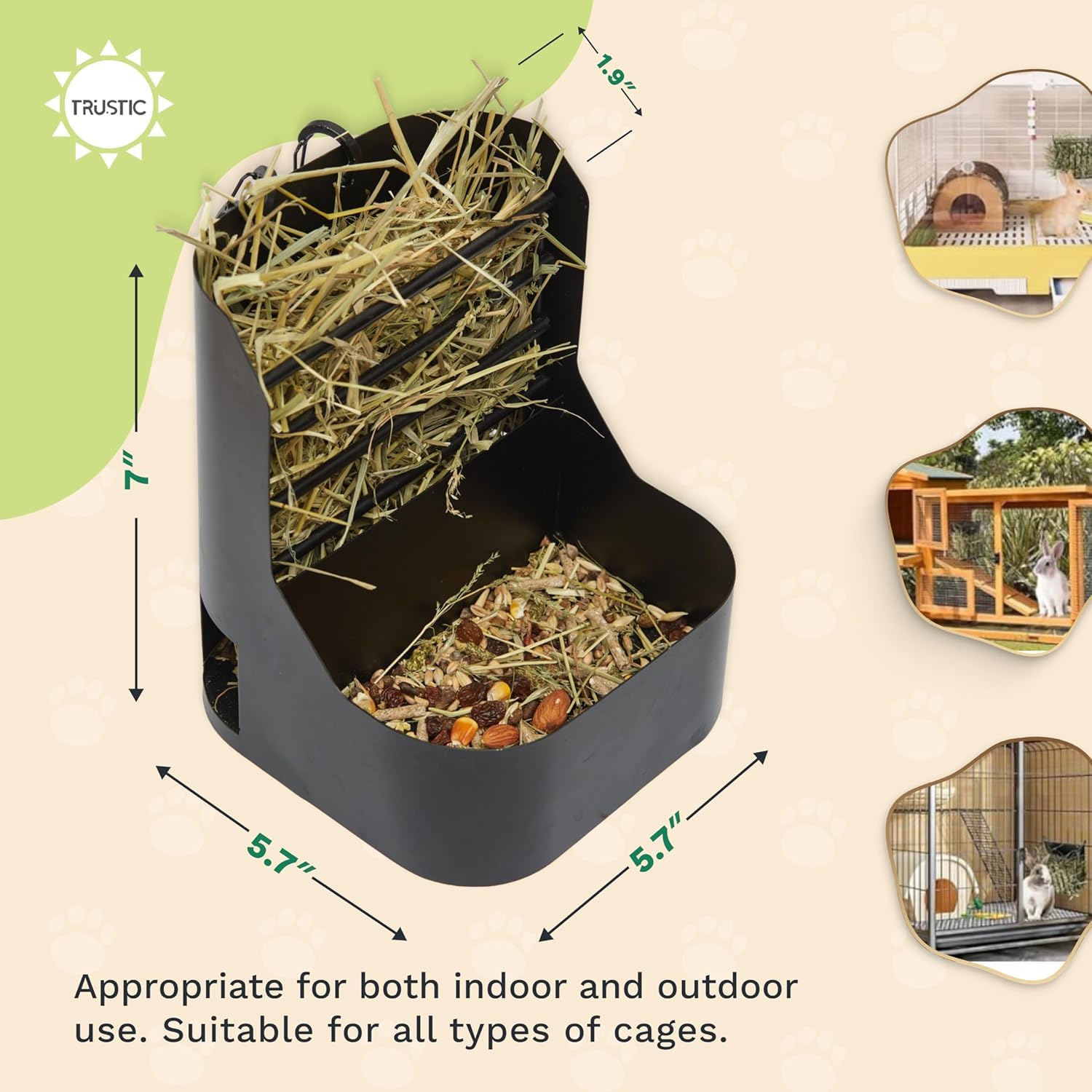 Trustic feeder two compartments keeps hay and pellets separate for cleaner eating.