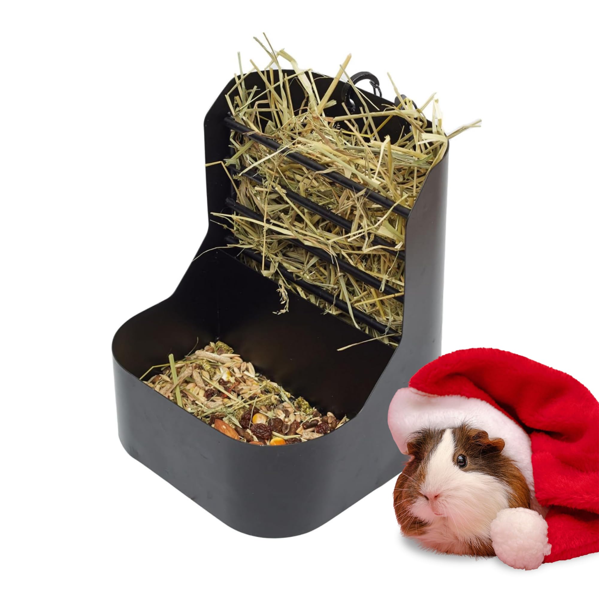 Trustic hay and food feeder assembly enables quick, tidy mealtimes for small pets.