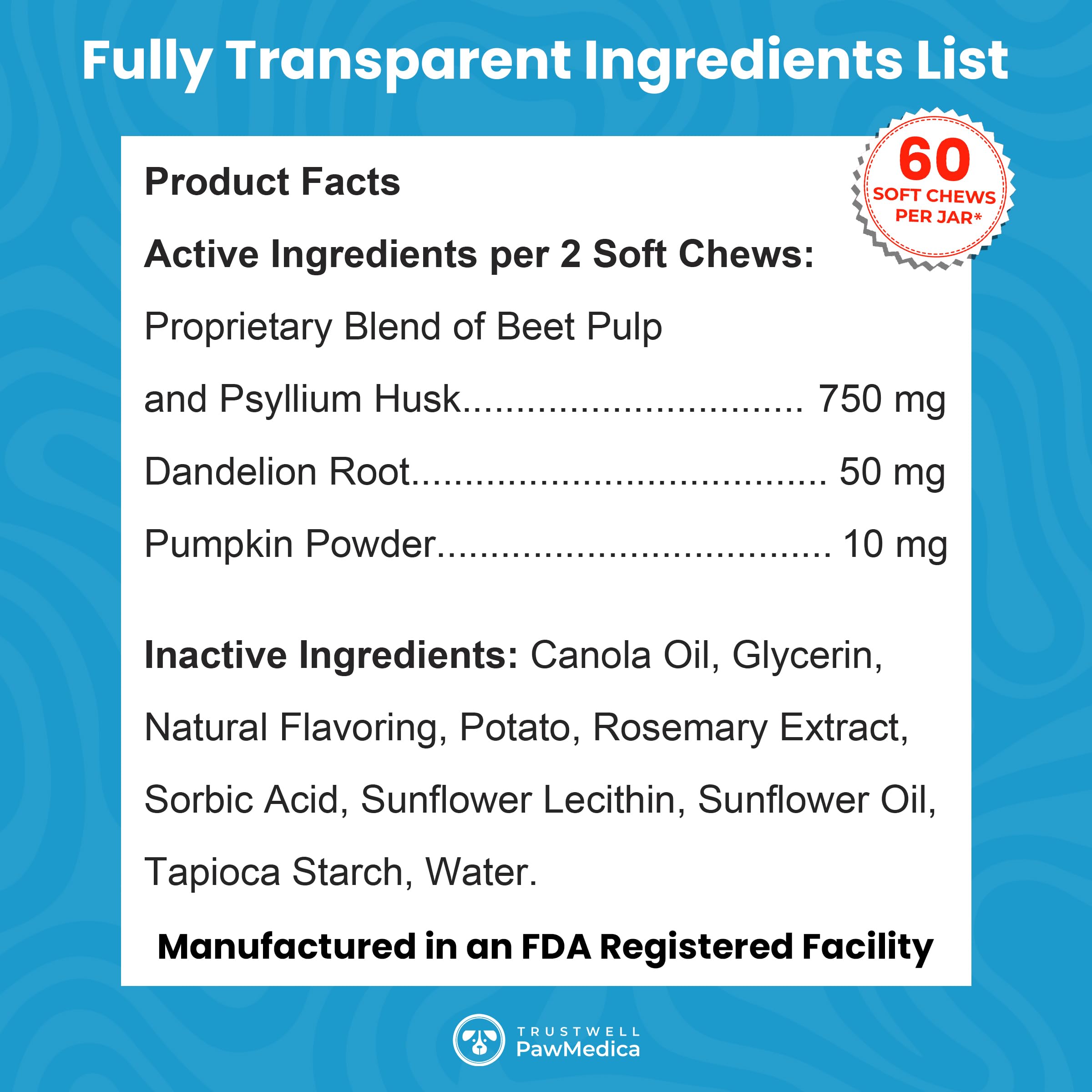 Trustwell PawMedica ingredient list close-up shows no fillers or unnecessary additives.