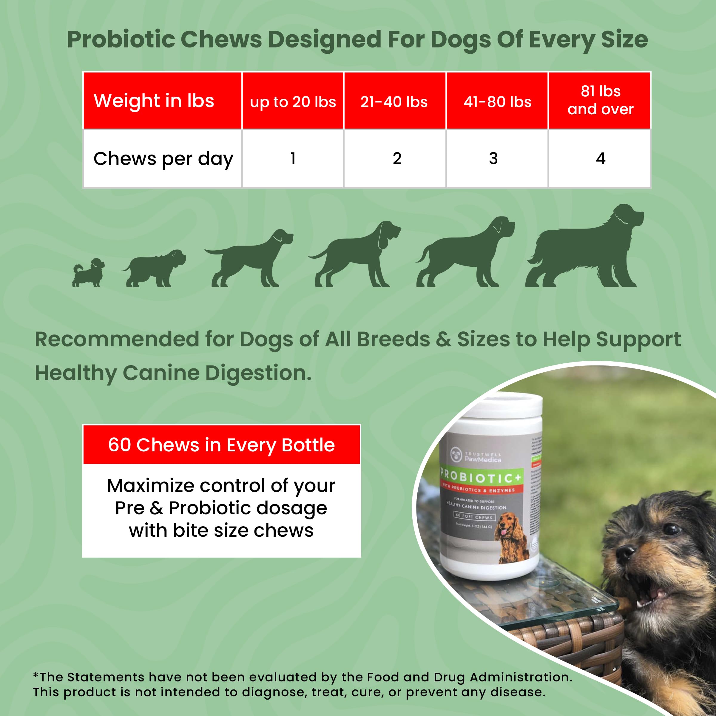 Trustwell PawMedica probiotic chews on a dog’s paw illustrate daily gut support