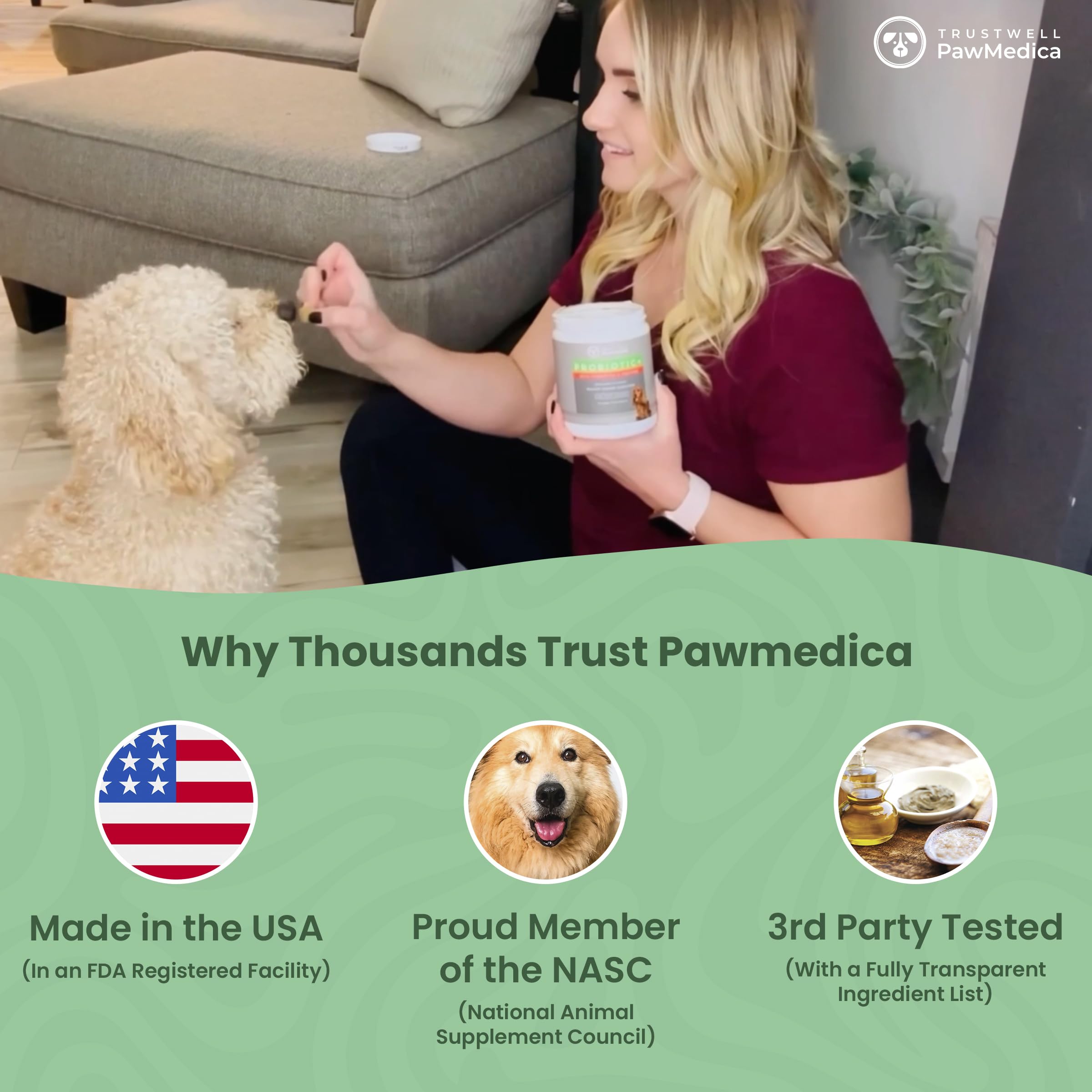 Trustwell PawMedica probiotic chews label close-up emphasizes NASC-backed quality and pet-friendly ingredients