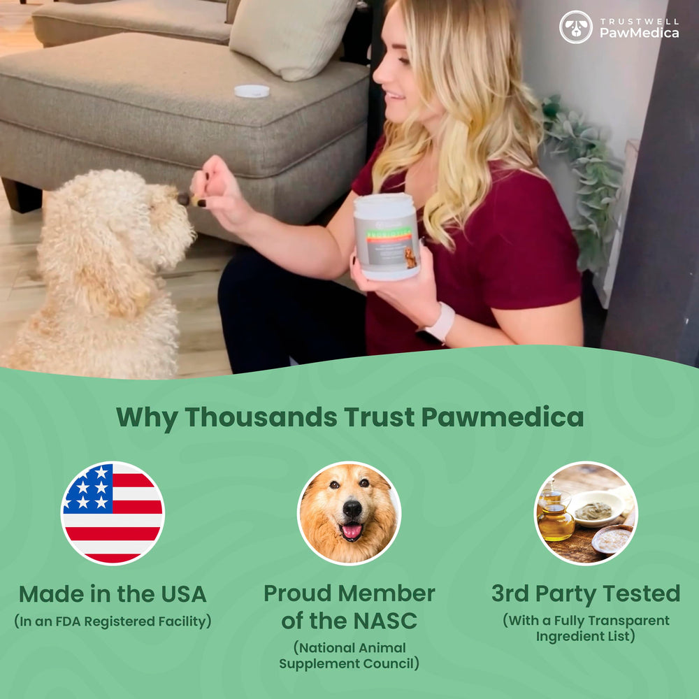 Trustwell PawMedica probiotic chews label close-up emphasizes NASC-backed quality and pet-friendly ingredients