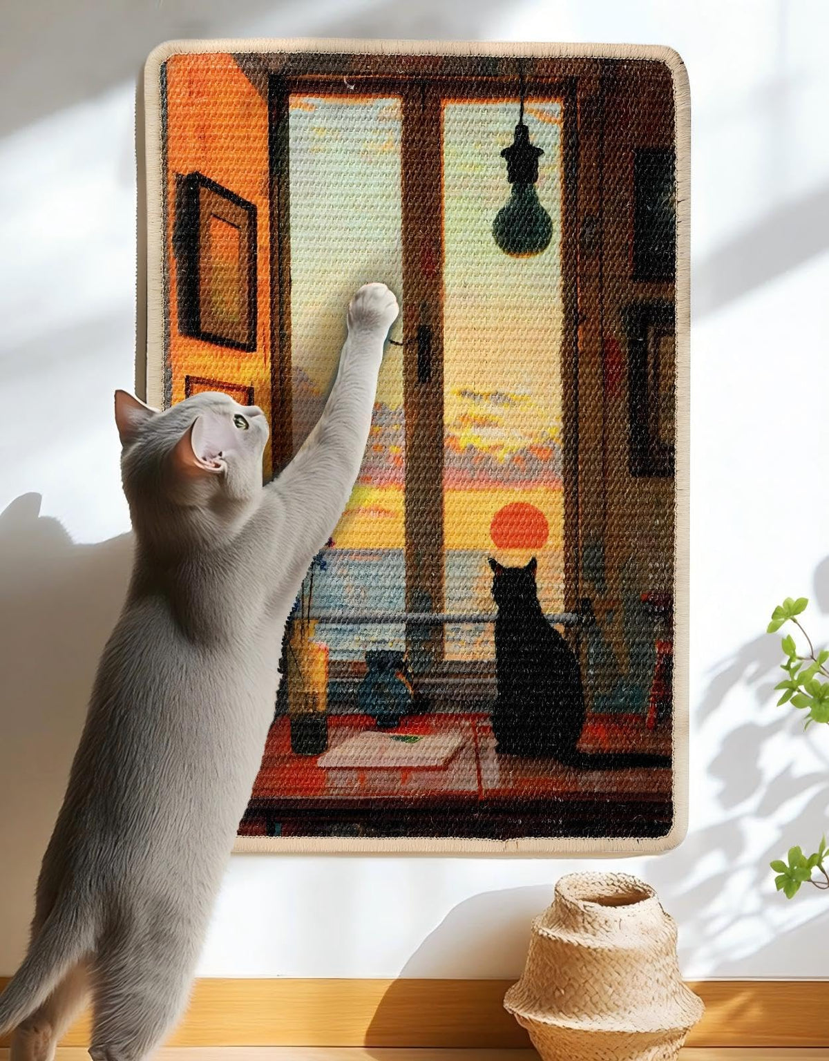 Truvito 3-in-1 sisal scratcher mat on floor with sunset design for indoor cats