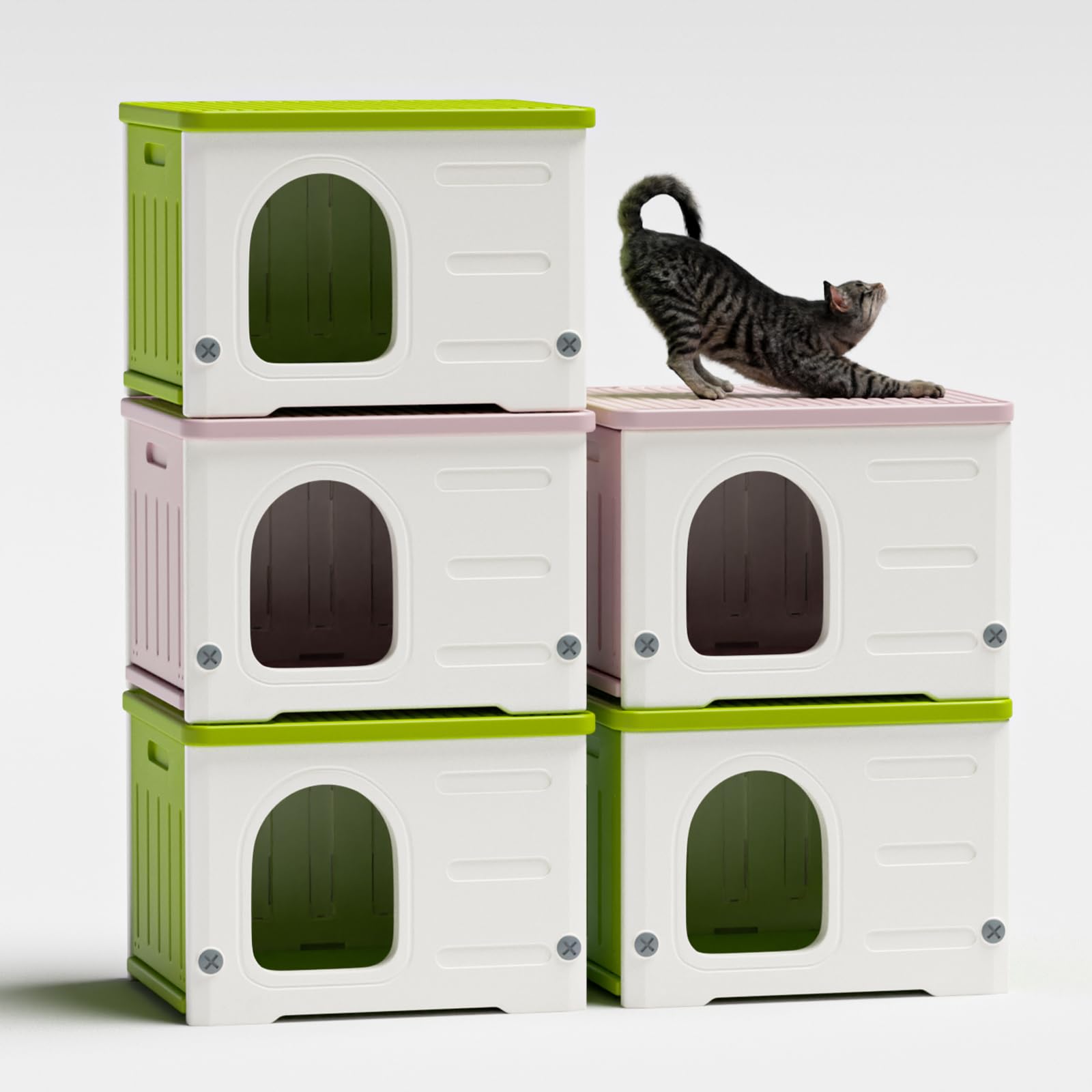 TSEHOOHOO cat house stackable design demonstrates sturdy stacking for multiple cats.