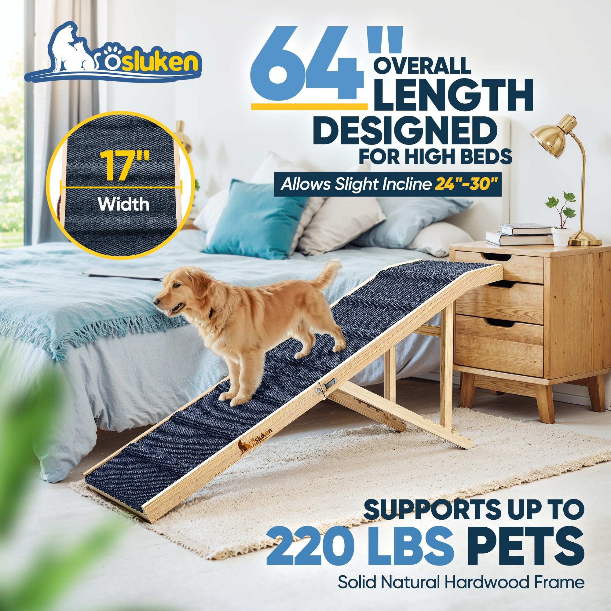 Tsukiko dog ramp shows six height adjustments for beds, sofas, and cars.