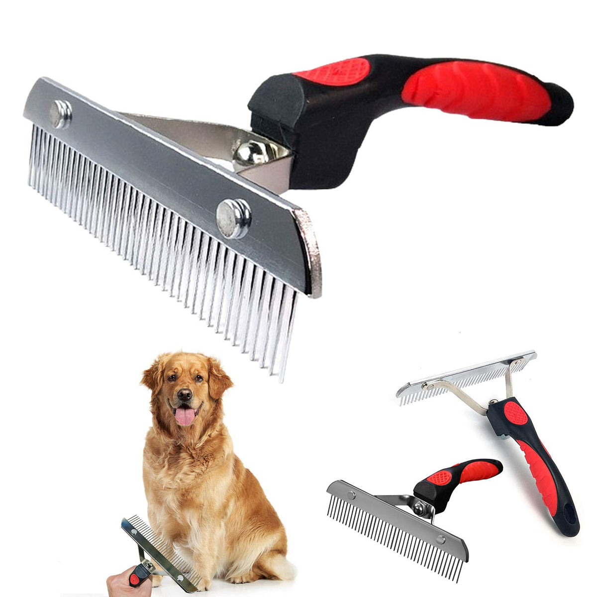 Tsxurepaw undercoat rake with long teeth removes loose fur from a large dog