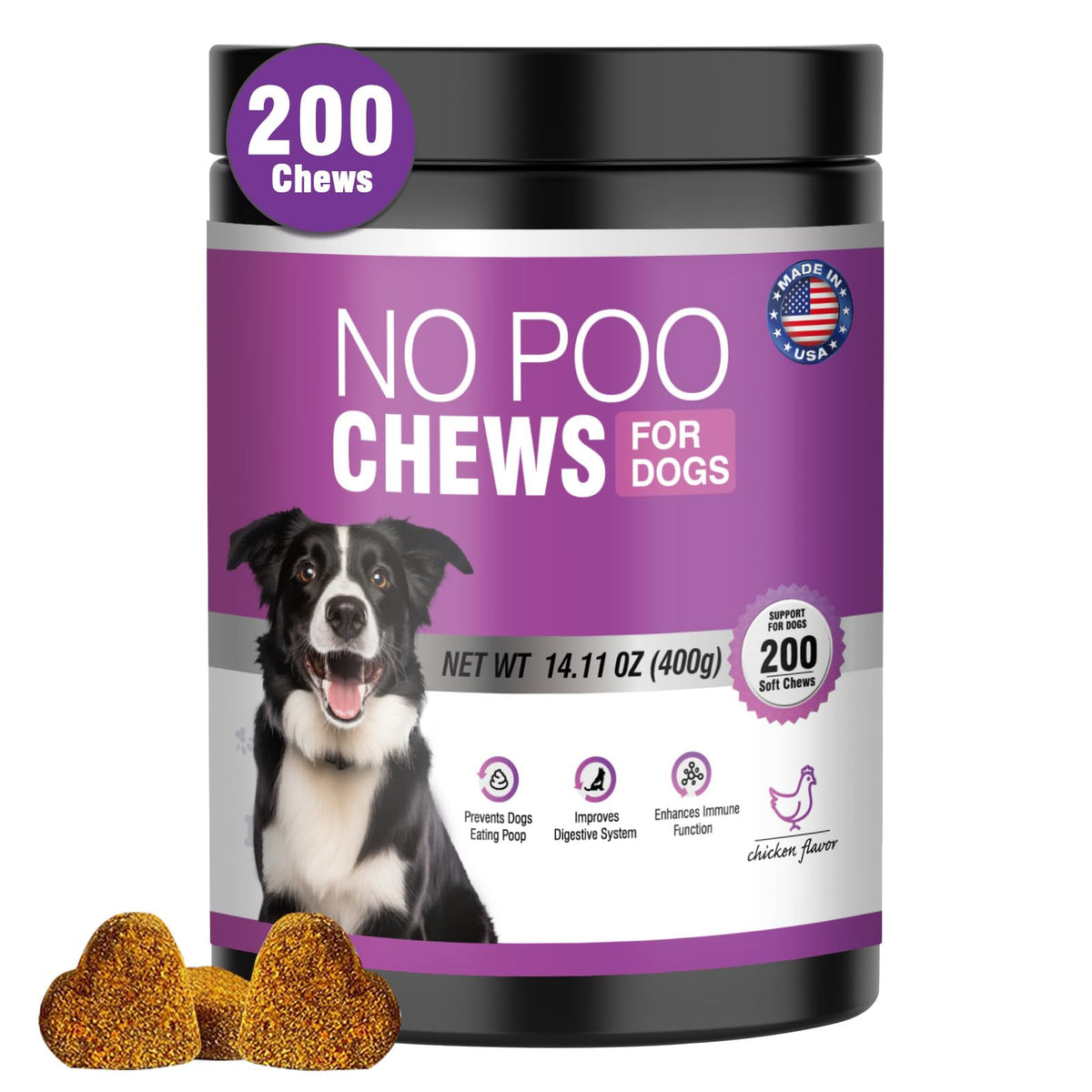 TTIXRL 200 chews bottle close-up showing poop-deterrent and digestion support.