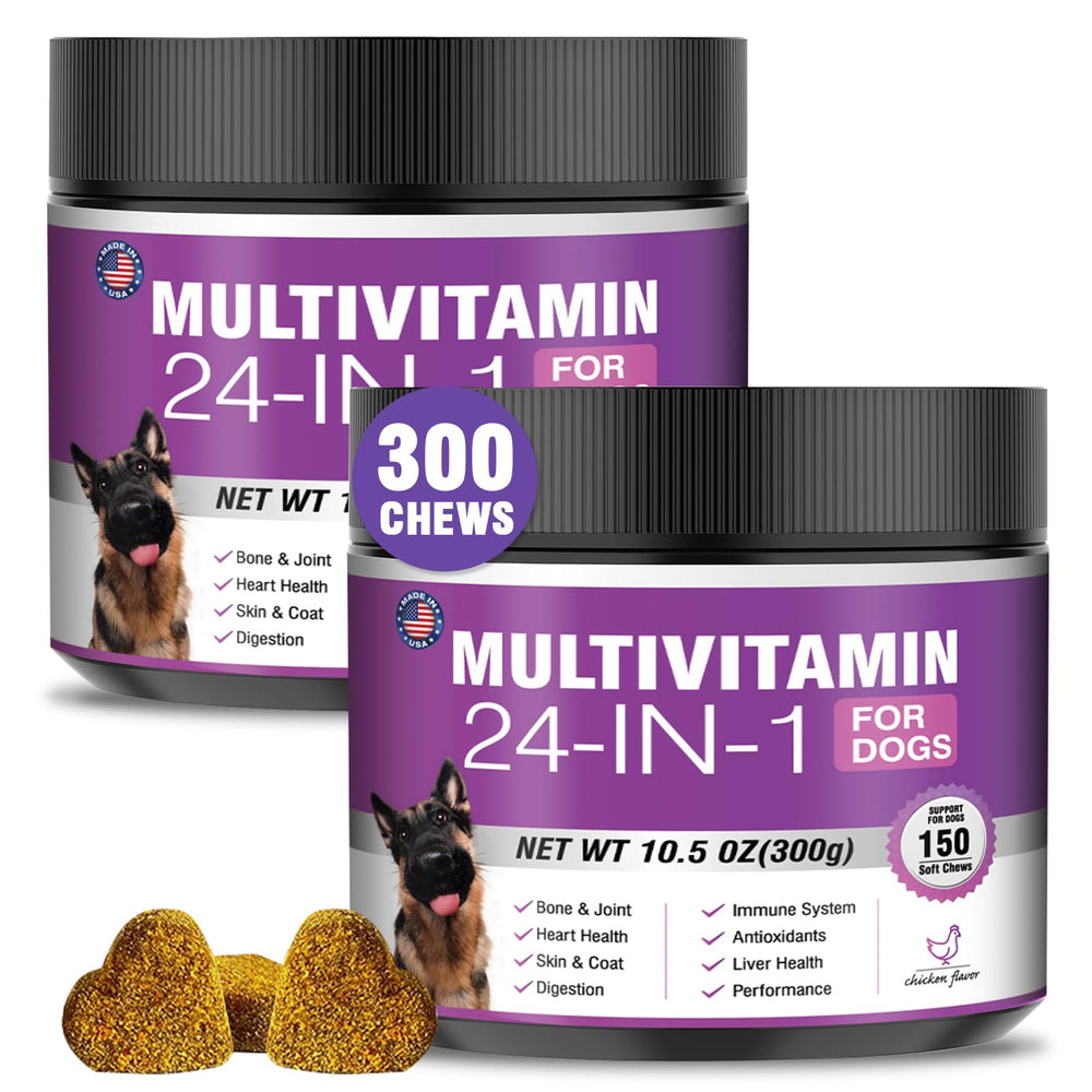 TTLXBL 24-in-1 dog vitamins bottle shows comprehensive daily chewables for nutrition