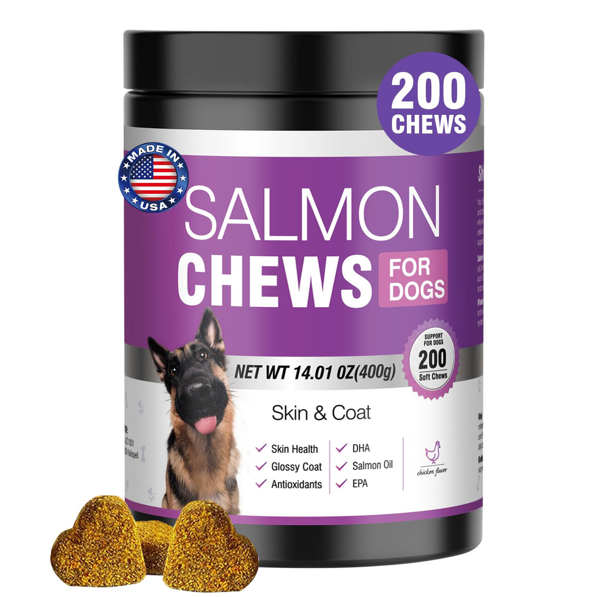 TTLXBL Omega-3 dog skin and coat bottle showing easy-to-feed chews for a healthy coat.