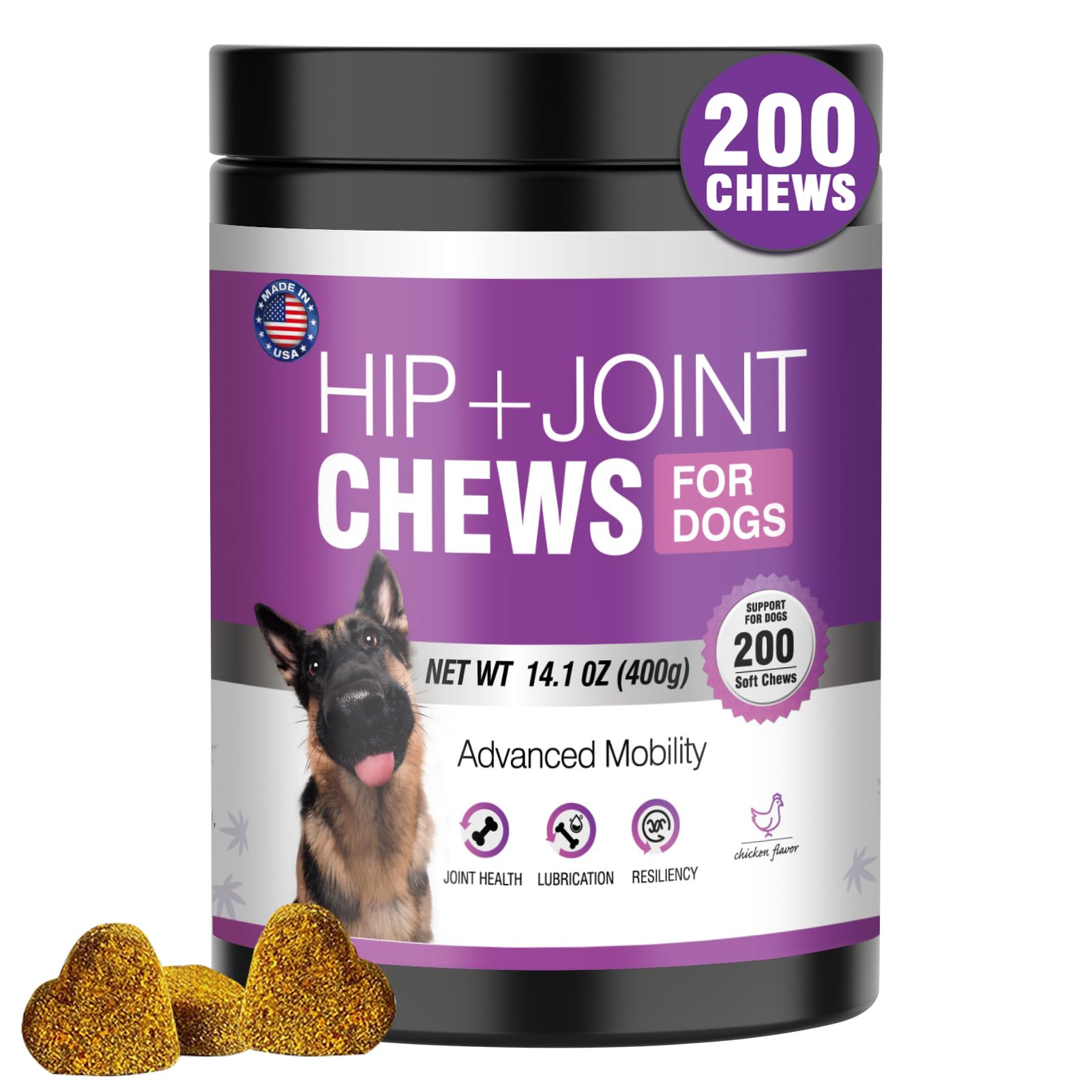 TTLXRL dog joint chews chicken flavor packaging promotes mobility support.