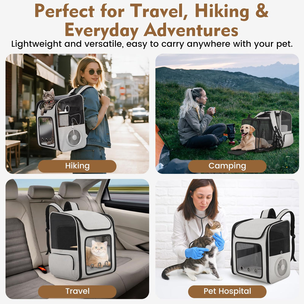TTPet grey backpack includes convenient side pockets for treats and gear.
