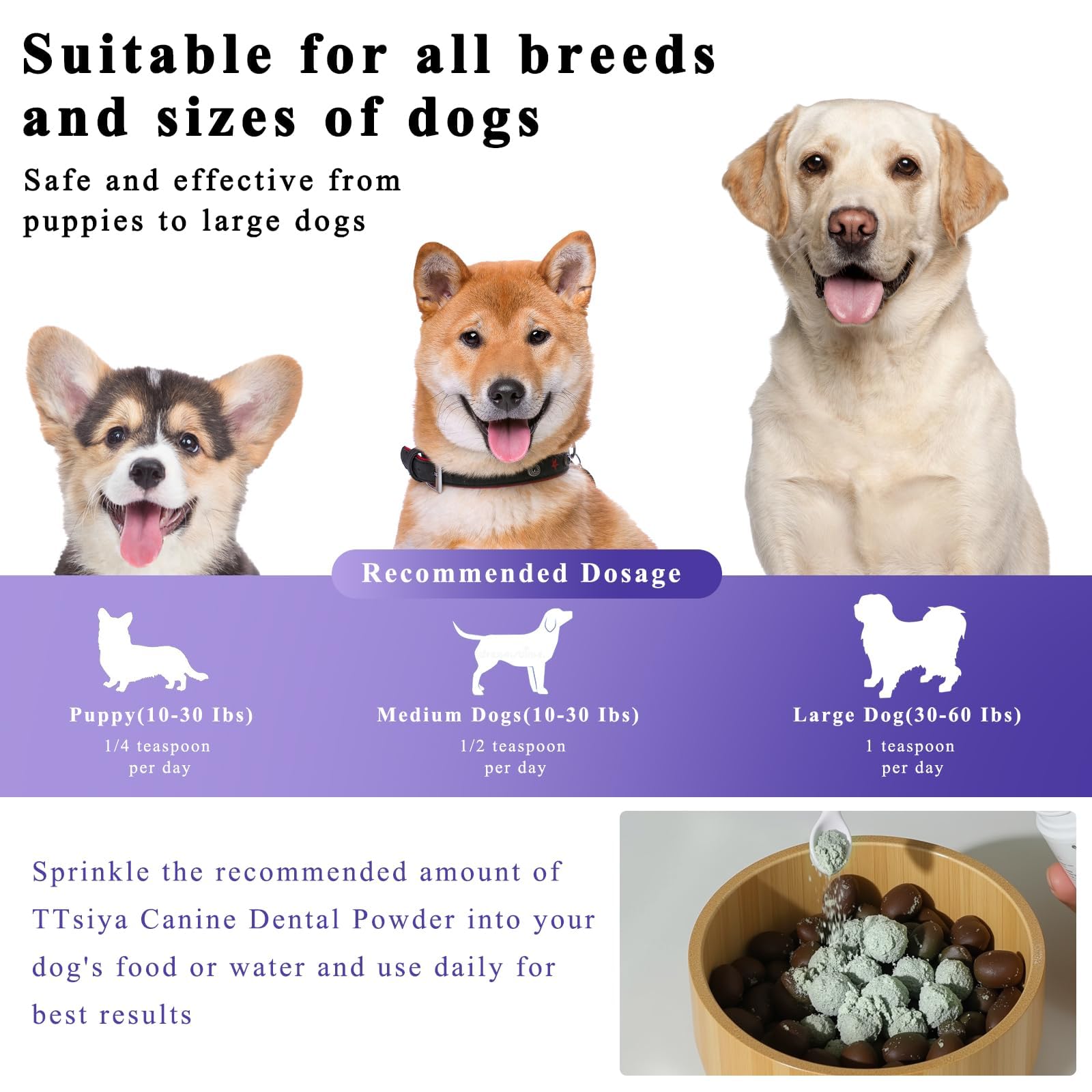 TTsiya fresh breath closeup shows powder promoting cleaner breath for dogs