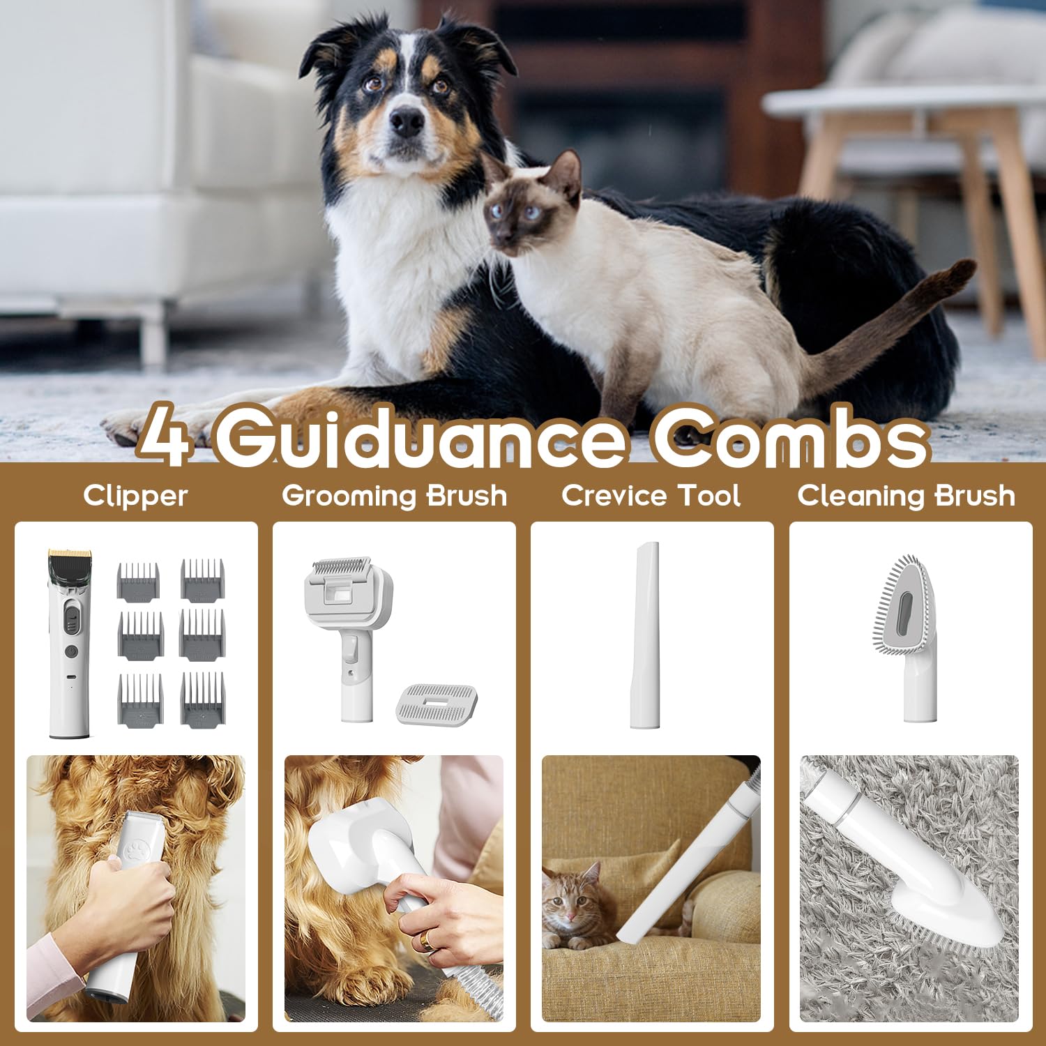 Tuanchuanrp pet grooming kit supplies showing brushes, clipper, and nozzle head for efficient grooming.
