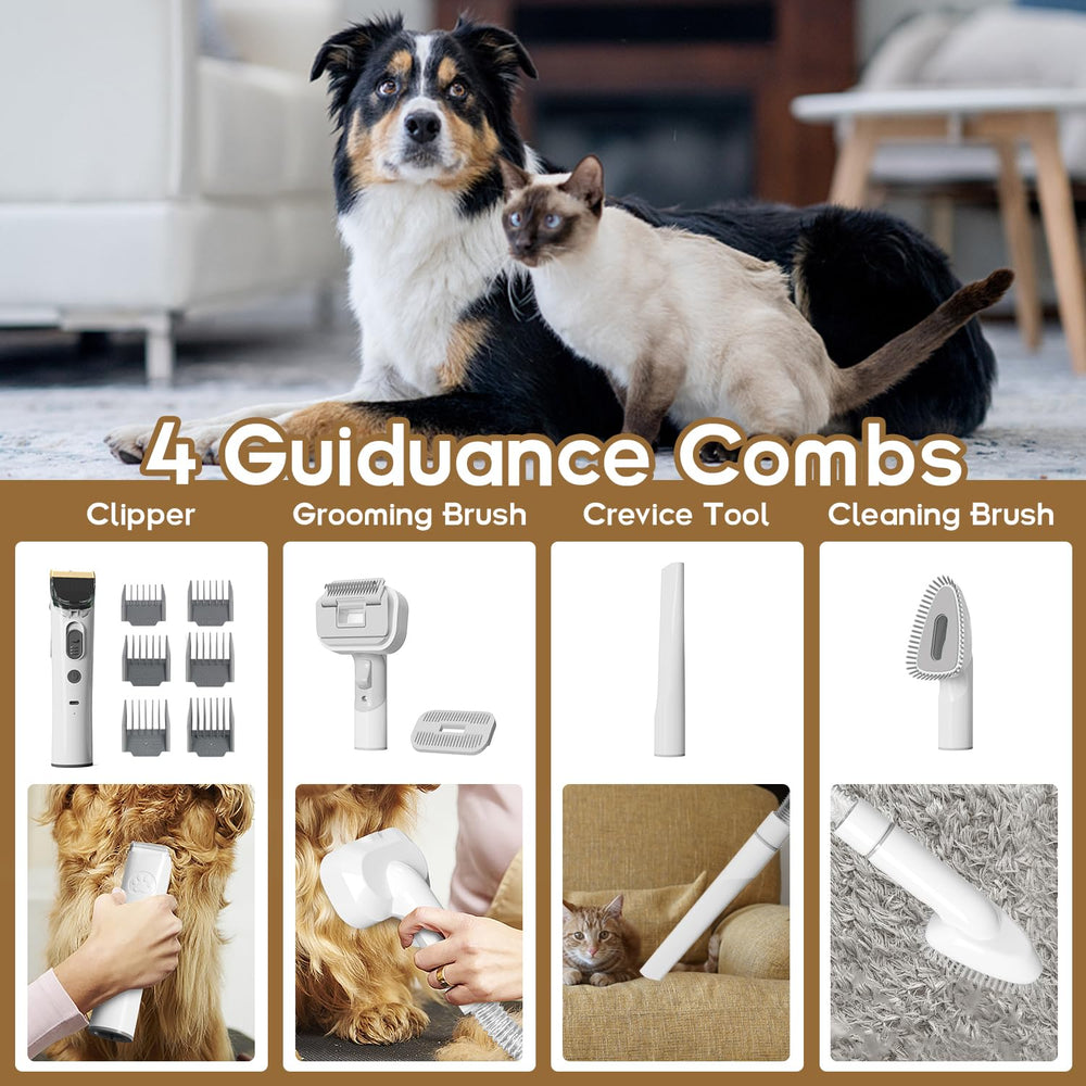 Tuanchuanrp pet grooming kit supplies showing brushes, clipper, and nozzle head for efficient grooming.