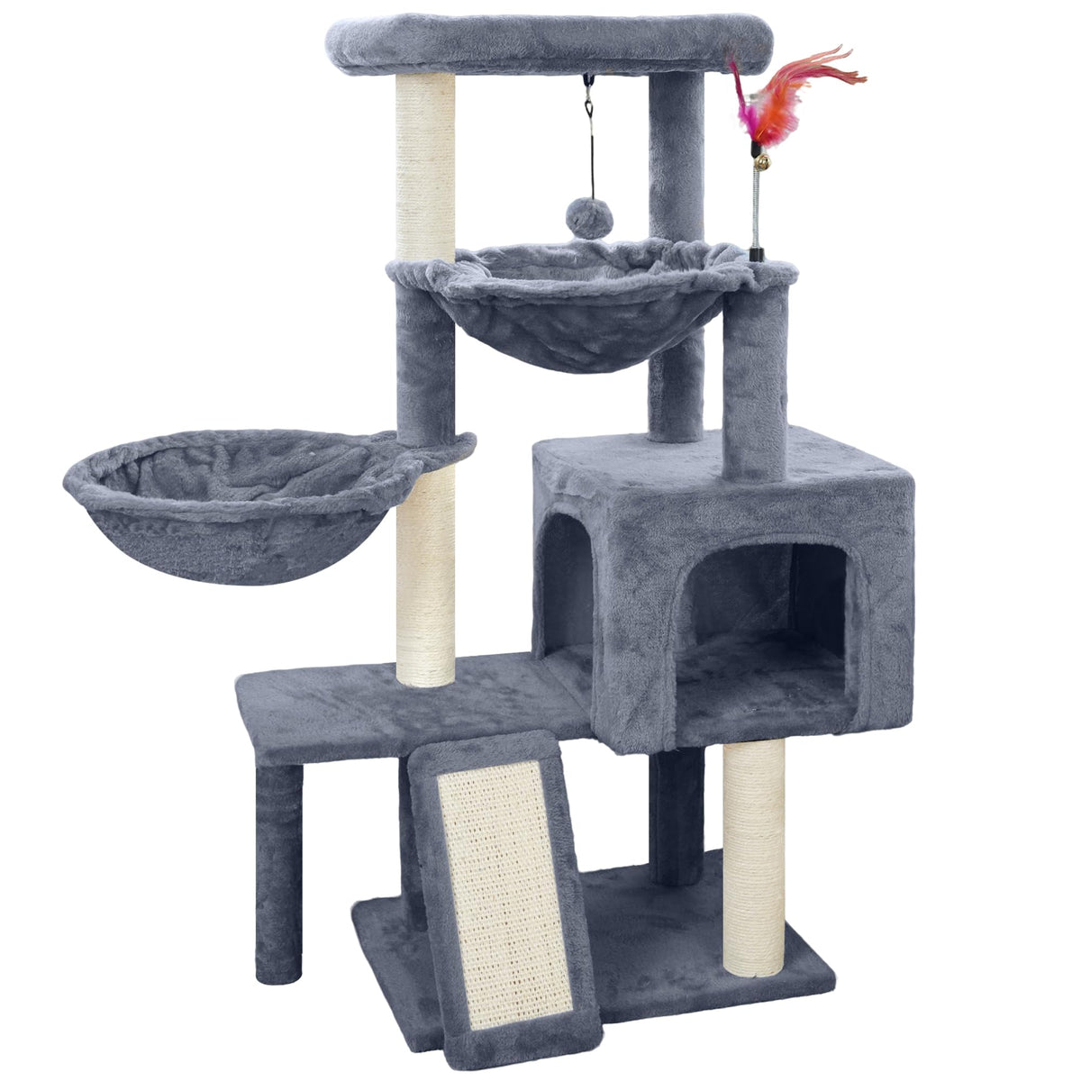 Tuaoeef cat tree with condo and two hammocks offers cozy lounging for cats.