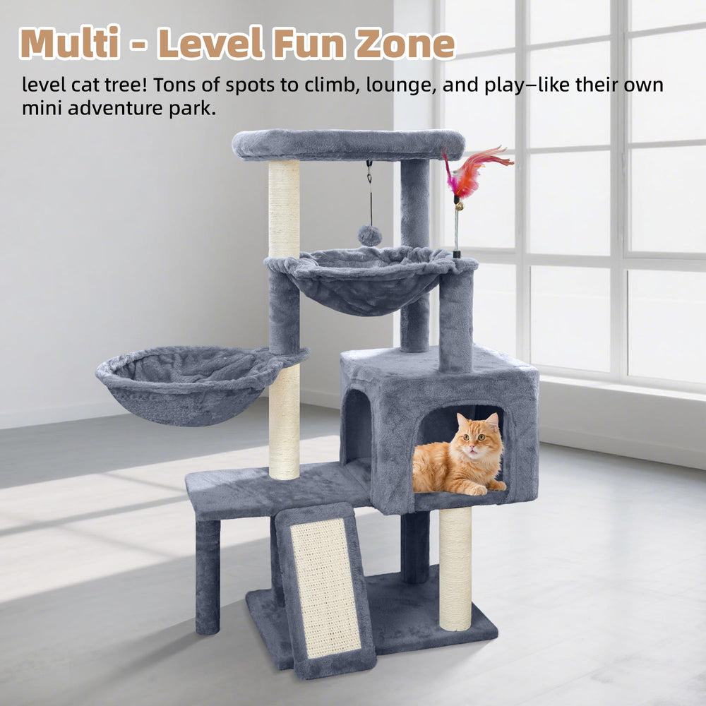 Tuaoeef cat tower's space-saving grey silhouette fits modern rooms.