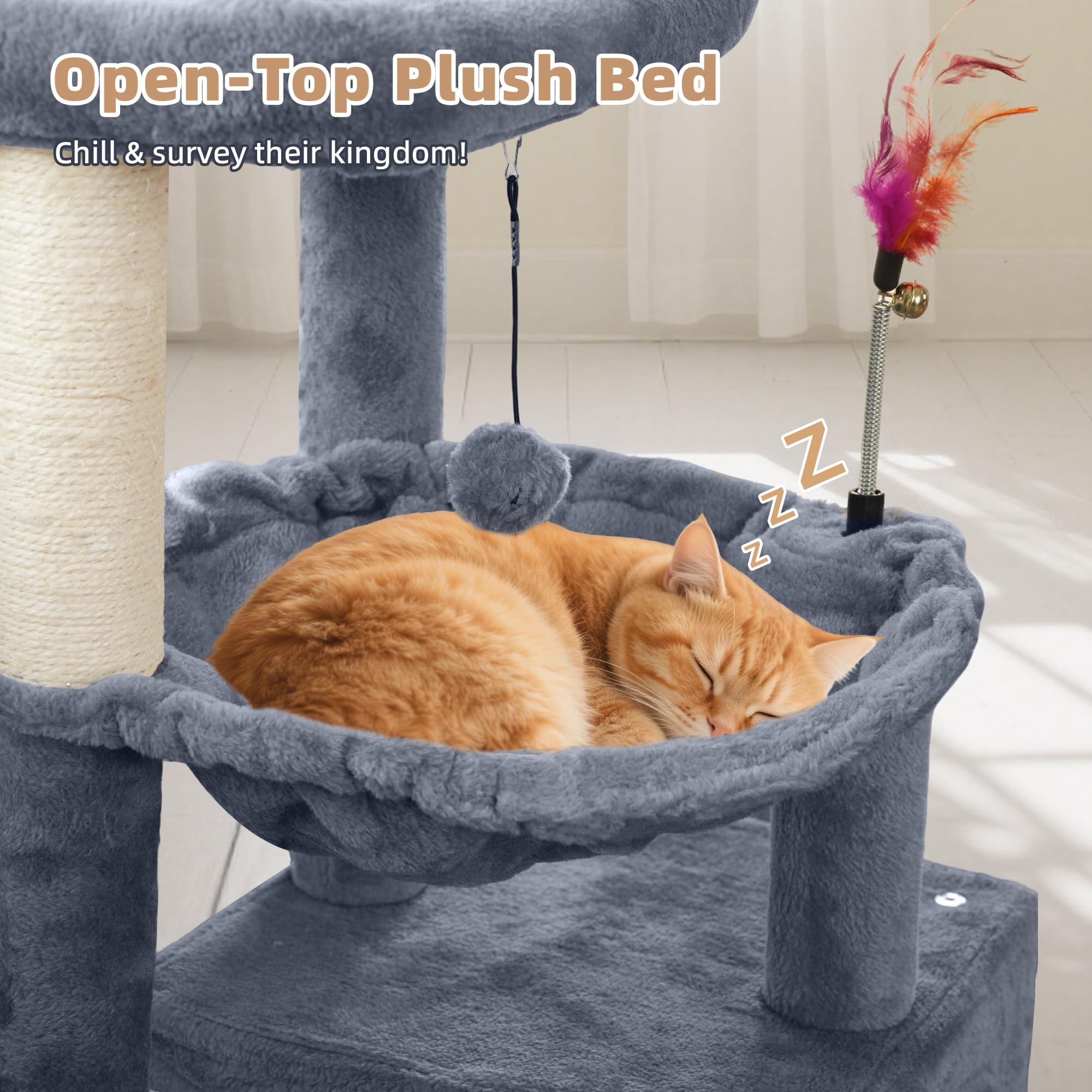 Tuaoeef cat condo and hammocks provide private hideouts and napping spots.