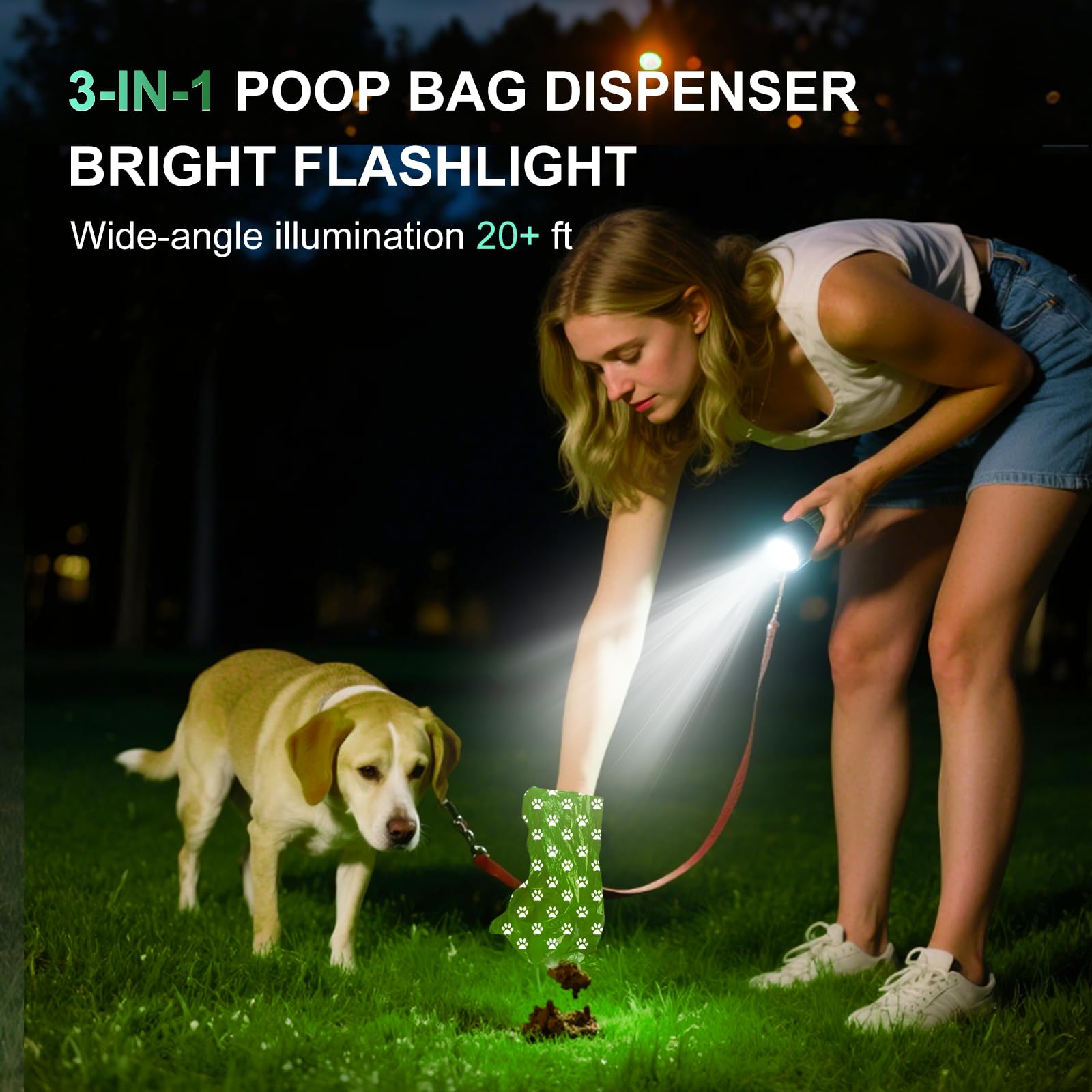 Tubasion 3-in-1 dog poop bag holder with flashlight lit demonstrates bright beam for dark paths