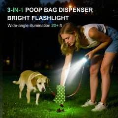 Tubasion 3-in-1 dog poop bag holder with flashlight lit demonstrates bright beam for dark paths