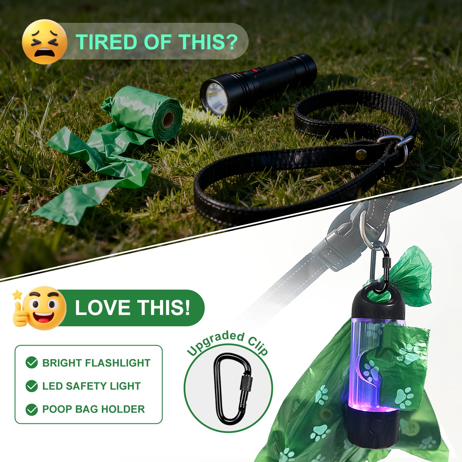 Tubasion 3-in-1 dog poop bag holder on leash during a walk for easy access