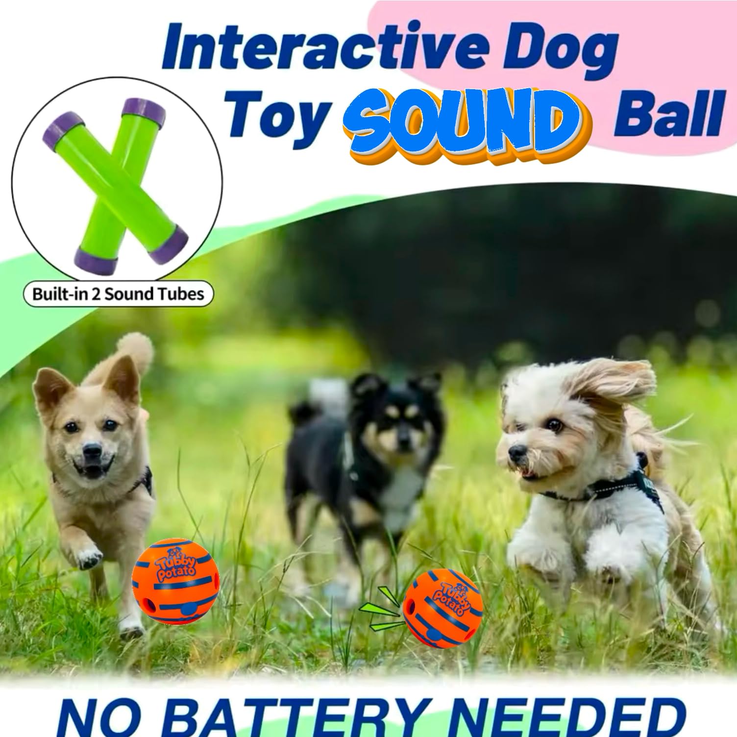 Tubby Potato Tater Tumbler Sound Ball orange closeup shows vibrant color and motion.