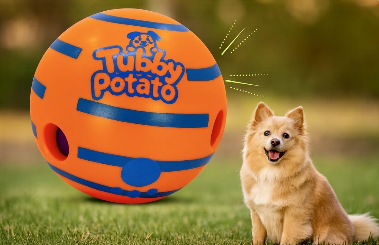 Tubby Potato Tater Tumbler Sound Ball rolling action excites dogs during play.