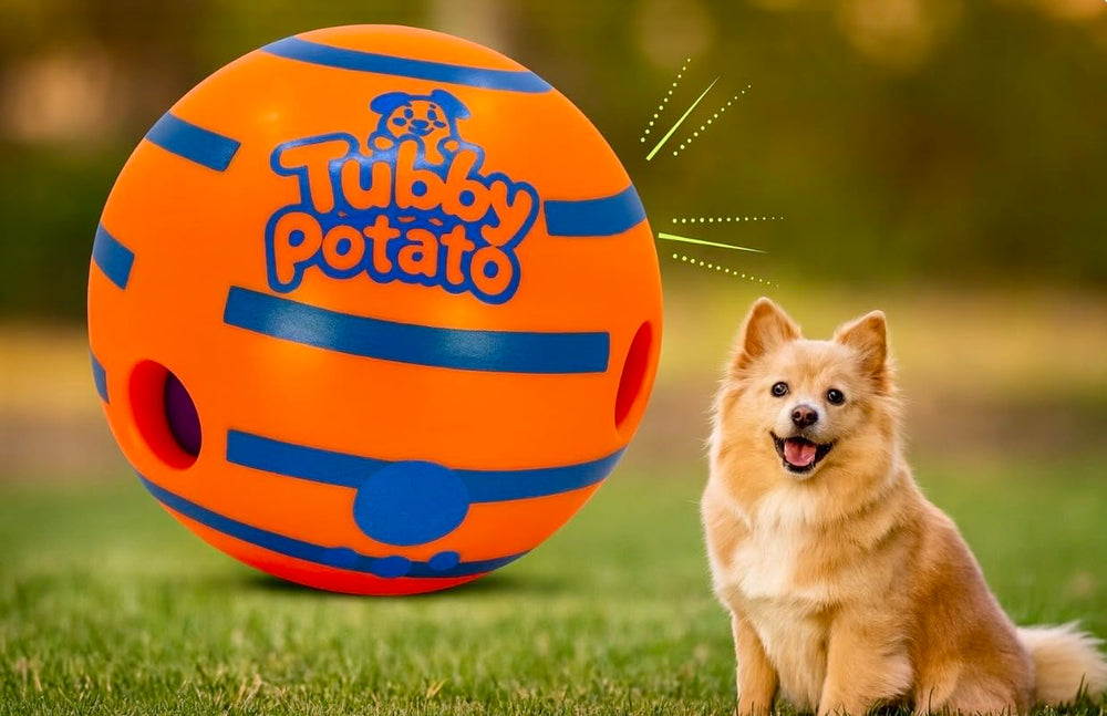 Tubby Potato Tater Tumbler Sound Ball rolling action excites dogs during play.
