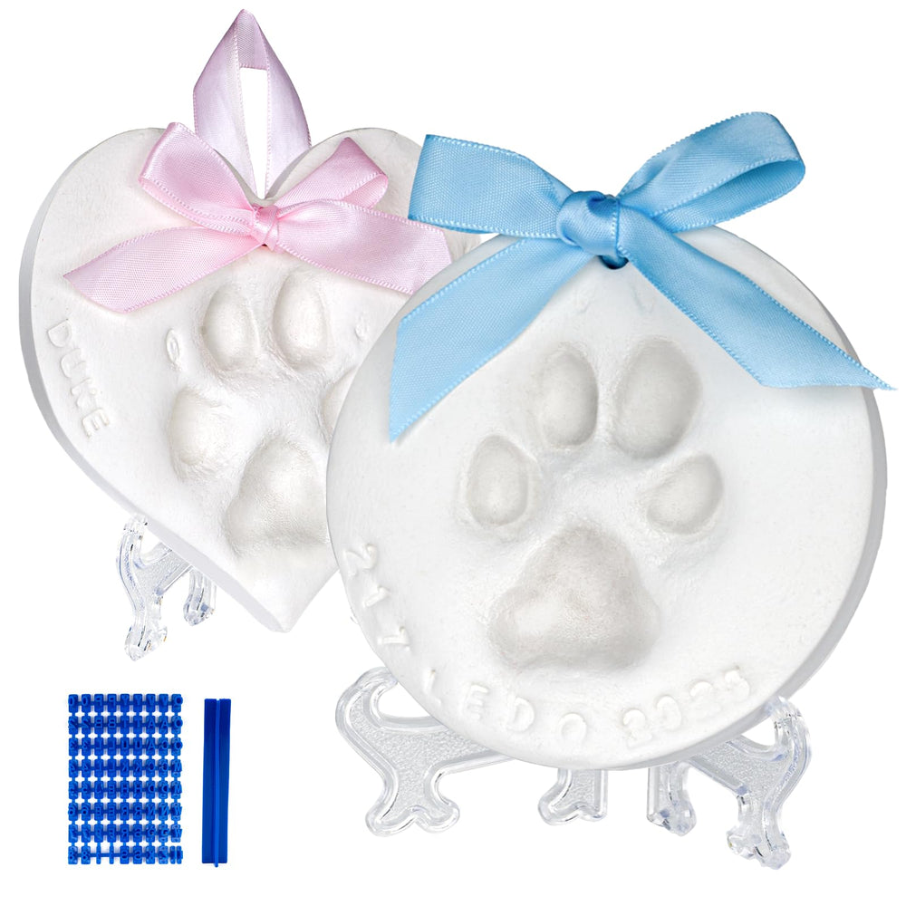 Tubuui dog paw print kit keepsake shows two prints with stands for display