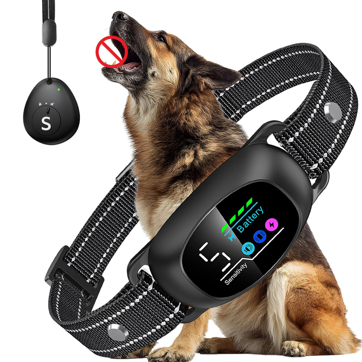 Tucnkac dog bark collar with remote displays a clear backlit readout for modes and battery life.