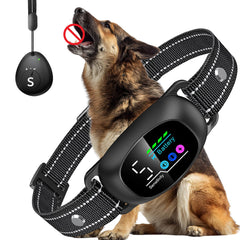 Tucnkac dog bark collar with remote displays a clear backlit readout for modes and battery life.