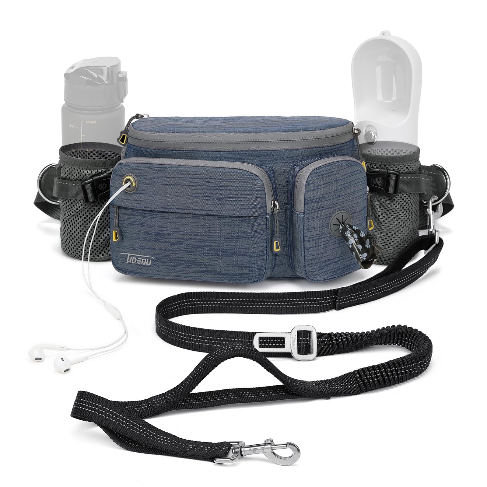 TUDEQU 4-in-1 dog leash belt front view enables hands-free walking.