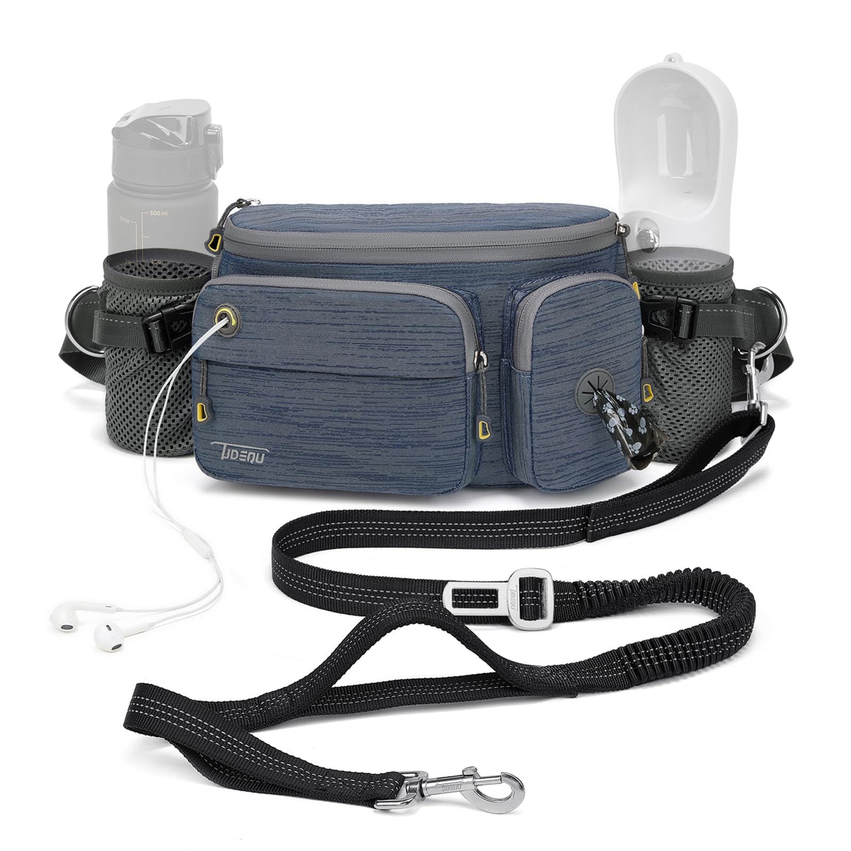 TUDEQU 4-in-1 dog leash belt front view enables hands-free walking.