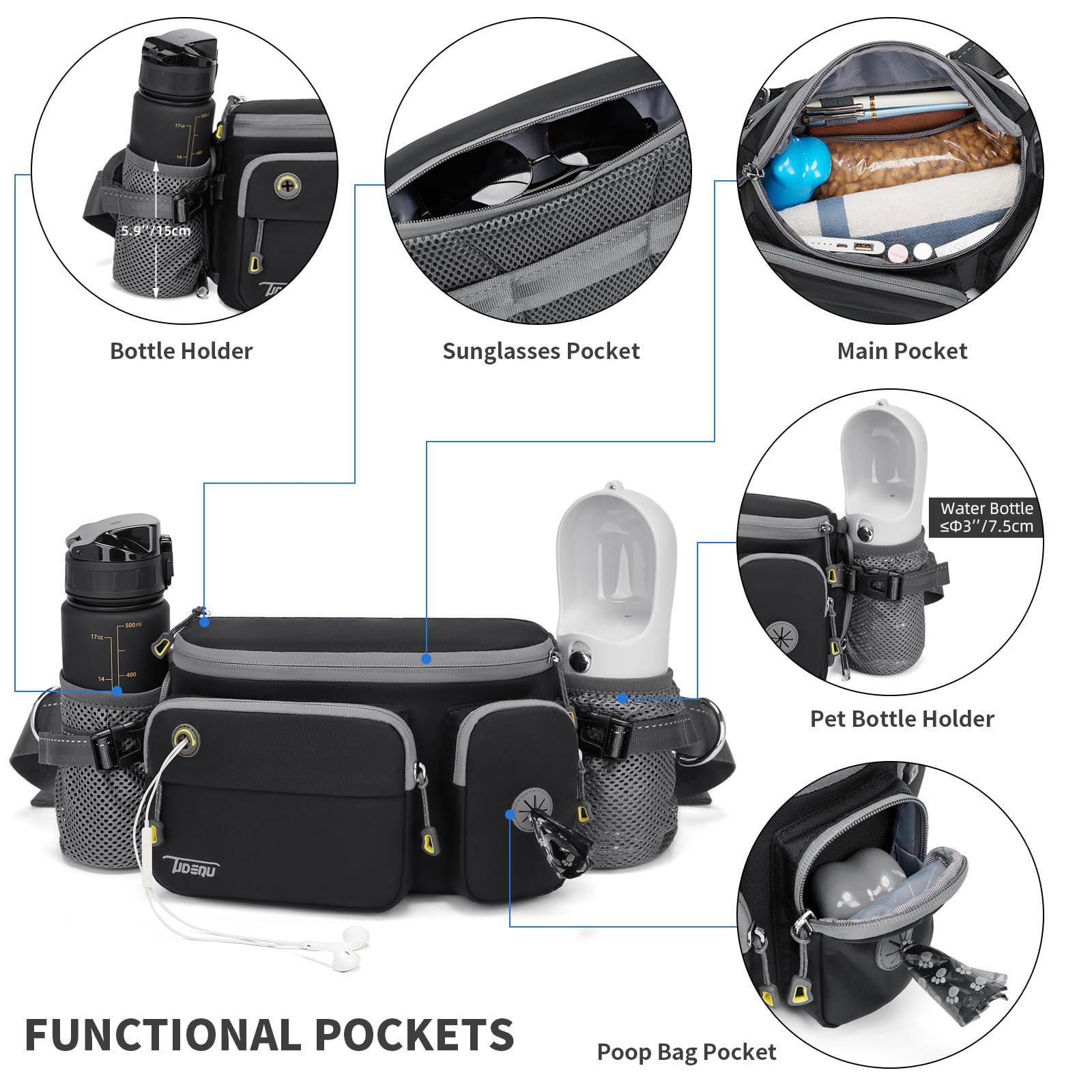 TUDEQU 4-in-1 dog walking belt breathable padding keeps you comfortable.