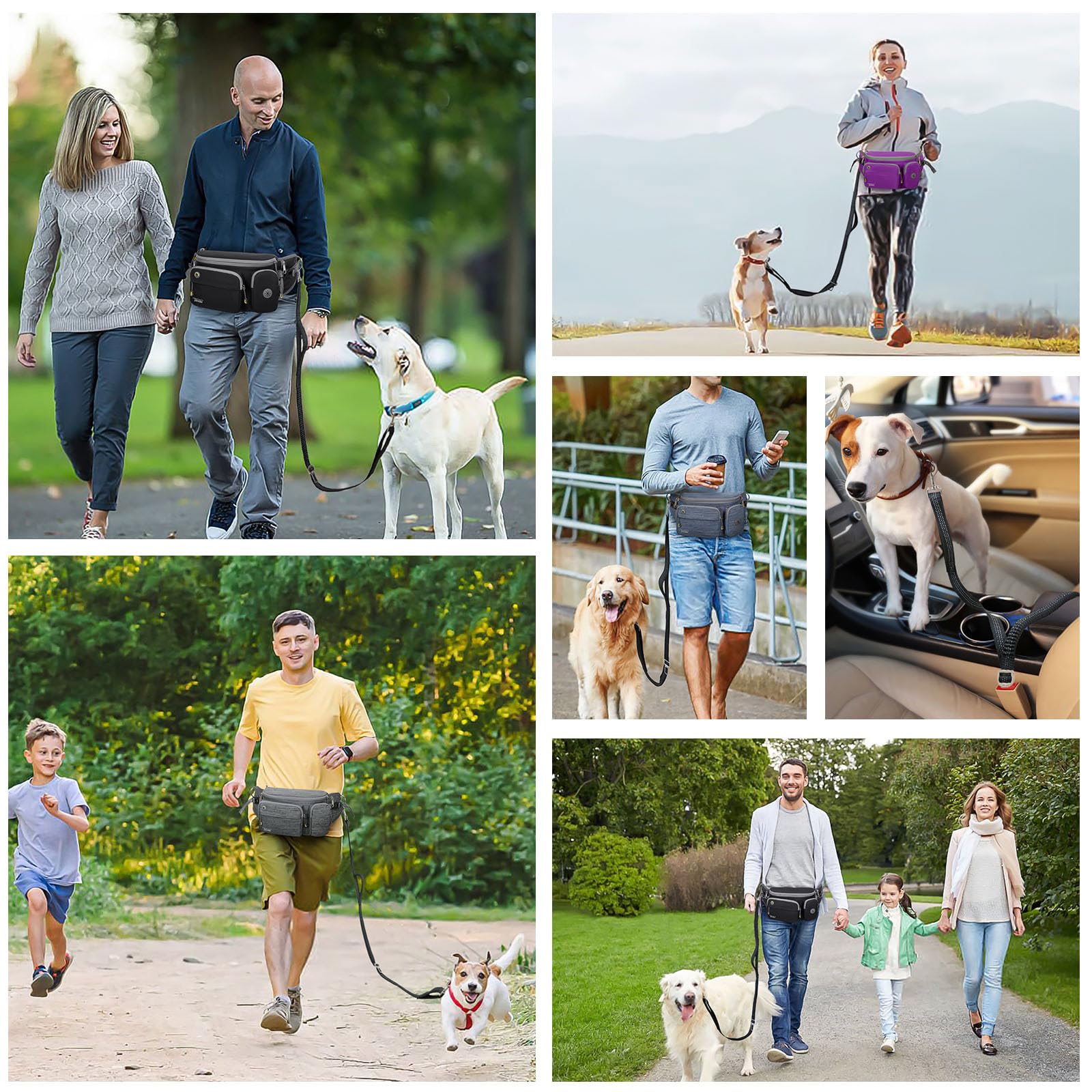 TUDEQU 4-in-1 dog walking belt front-pocket organization shows space for phone and bags.