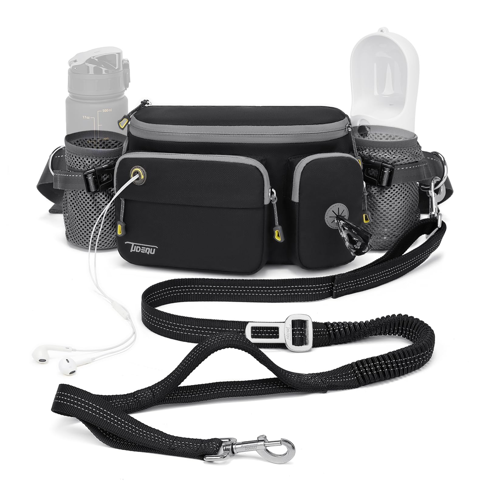 TUDEQU 4-in-1 dog walking belt worn during runs for hands-free control.