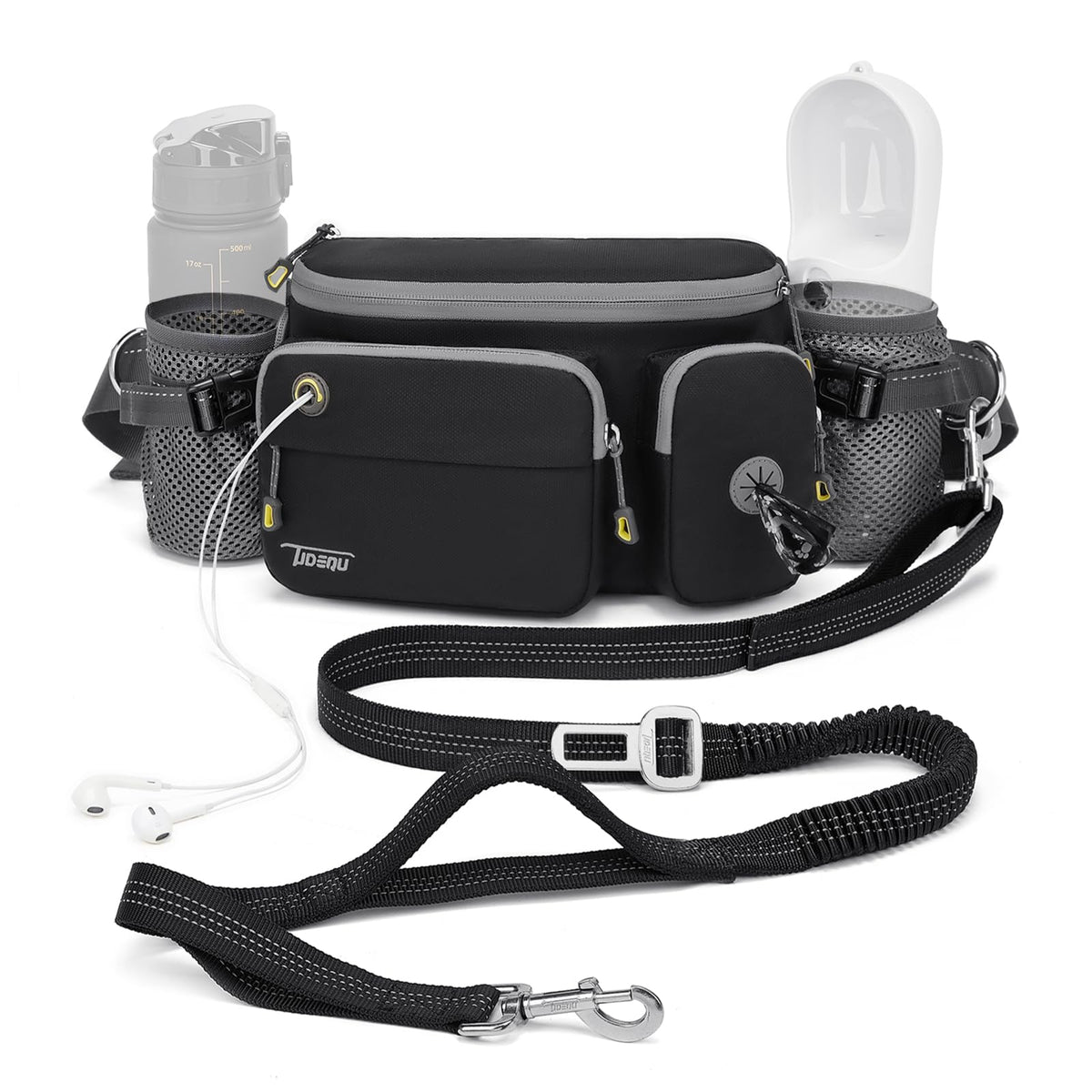TUDEQU 4-in-1 dog walking belt worn during runs for hands-free control.