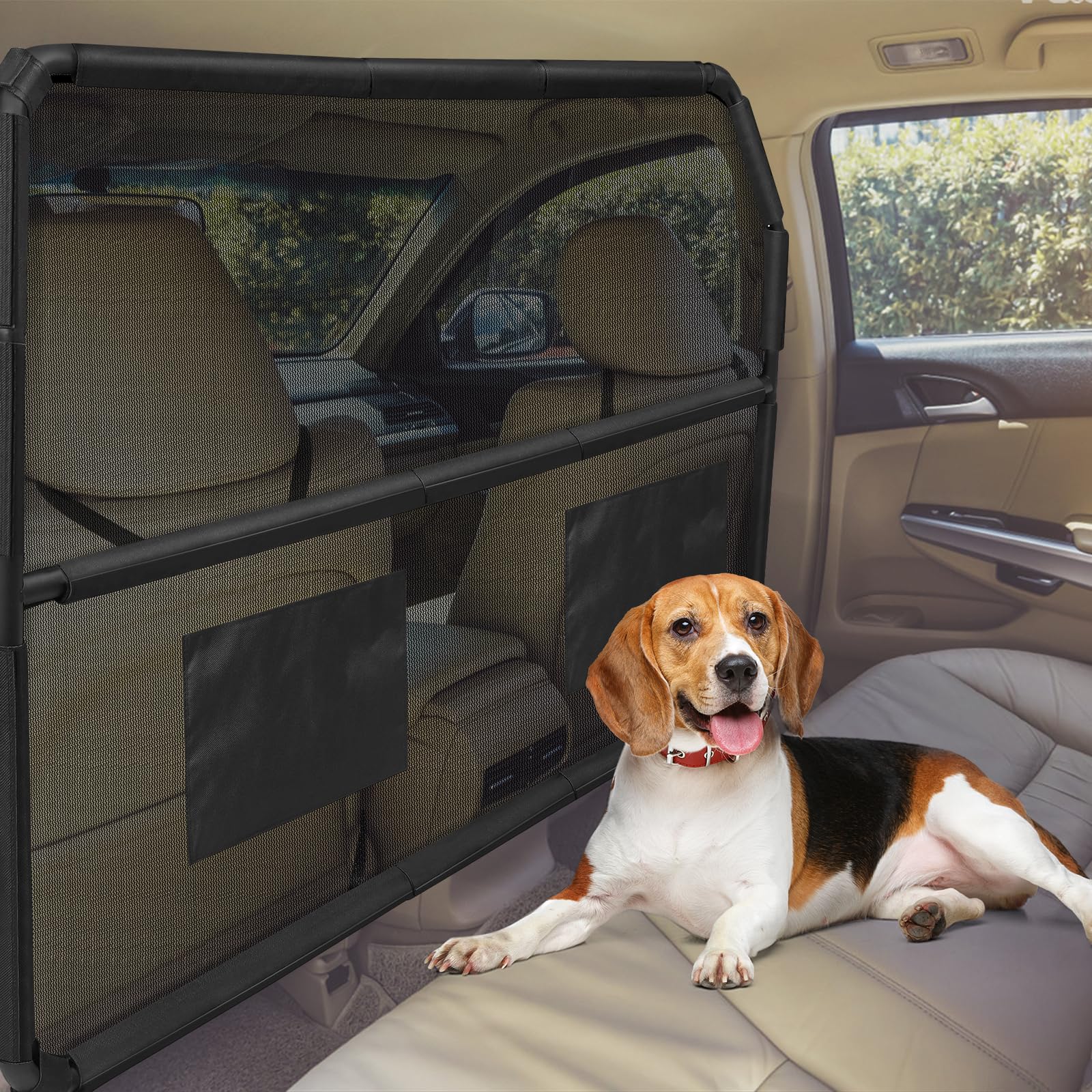 Tuenort dog car barrier backseat view with see-through mesh for safer driving.