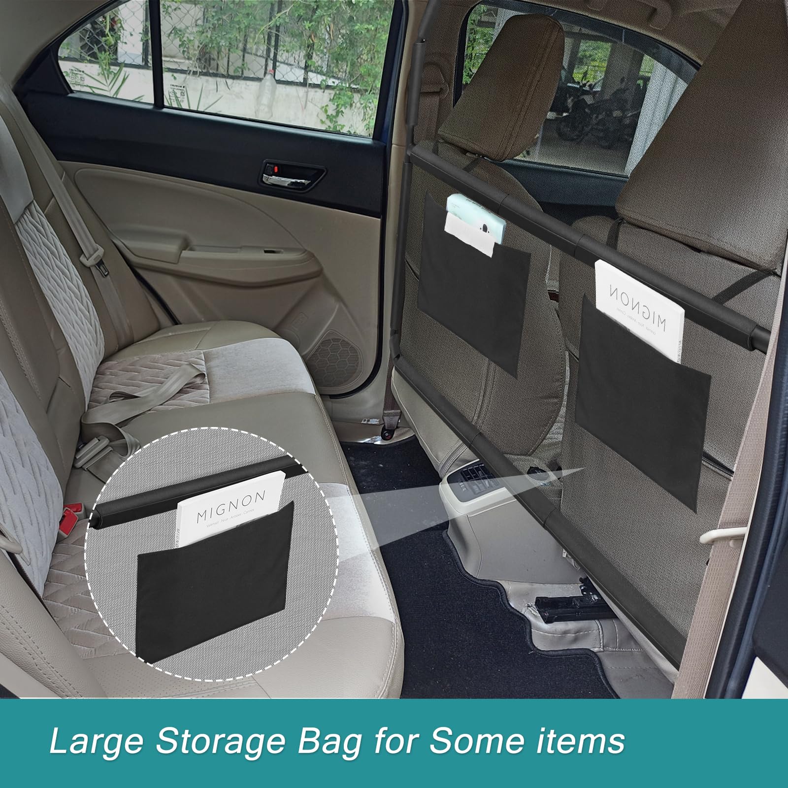 Tuenort dog car barrier keeps cargo area organized with built-in storage bag.