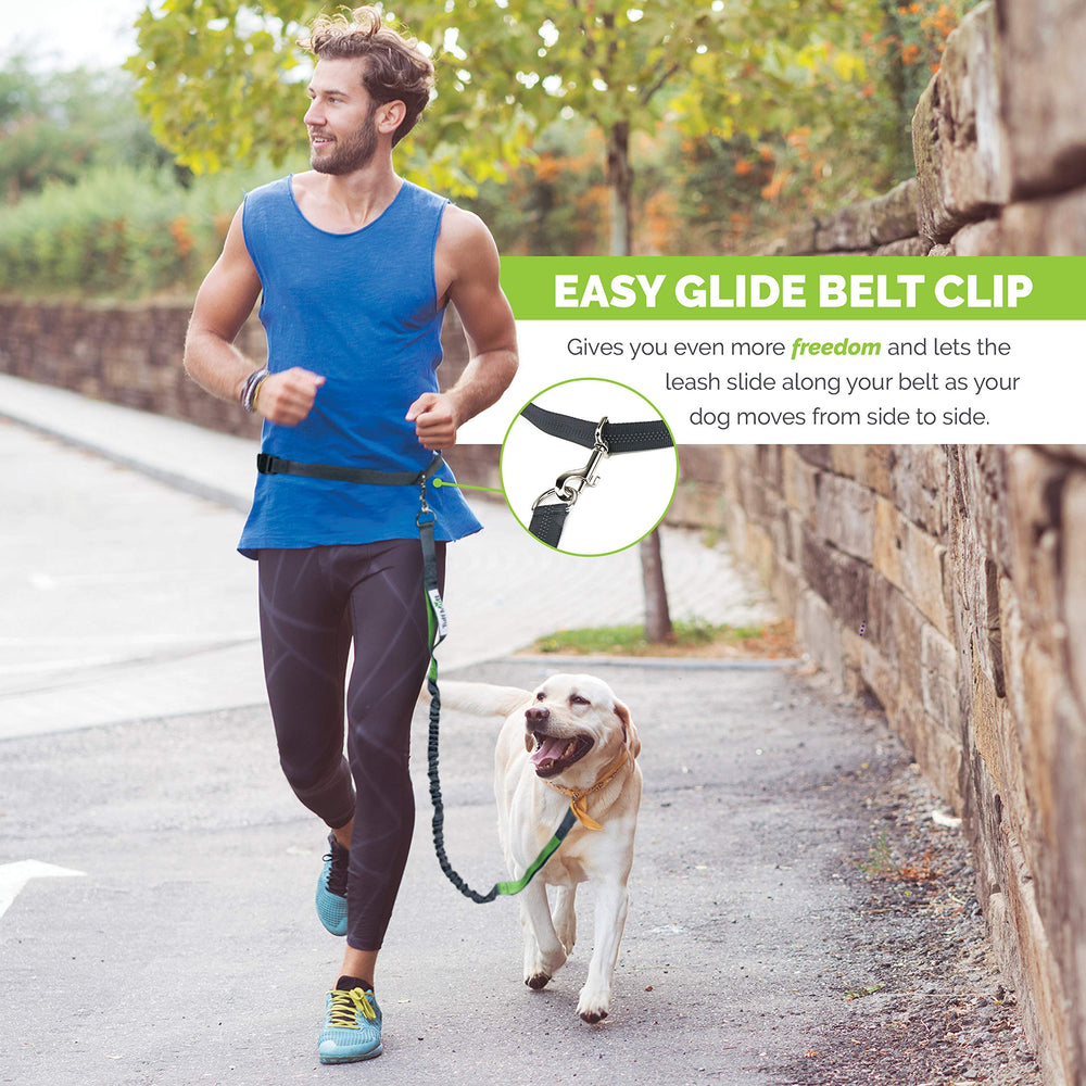 Tuff Mutt bungee leash extend shows extendable reach for safer side-by-side runs.