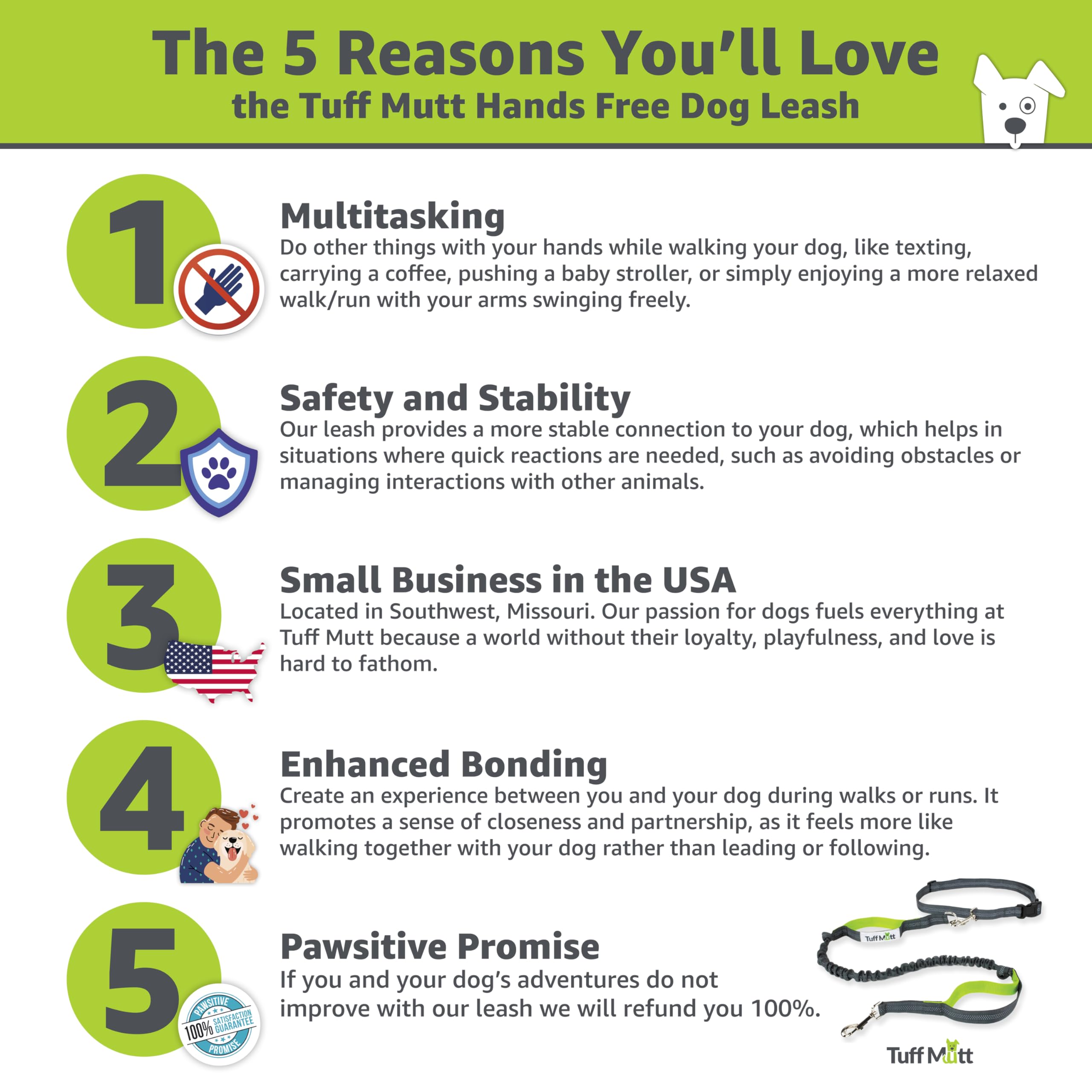 Tuff Mutt hands free leash with bungee stretch demonstrates flexible length during runs