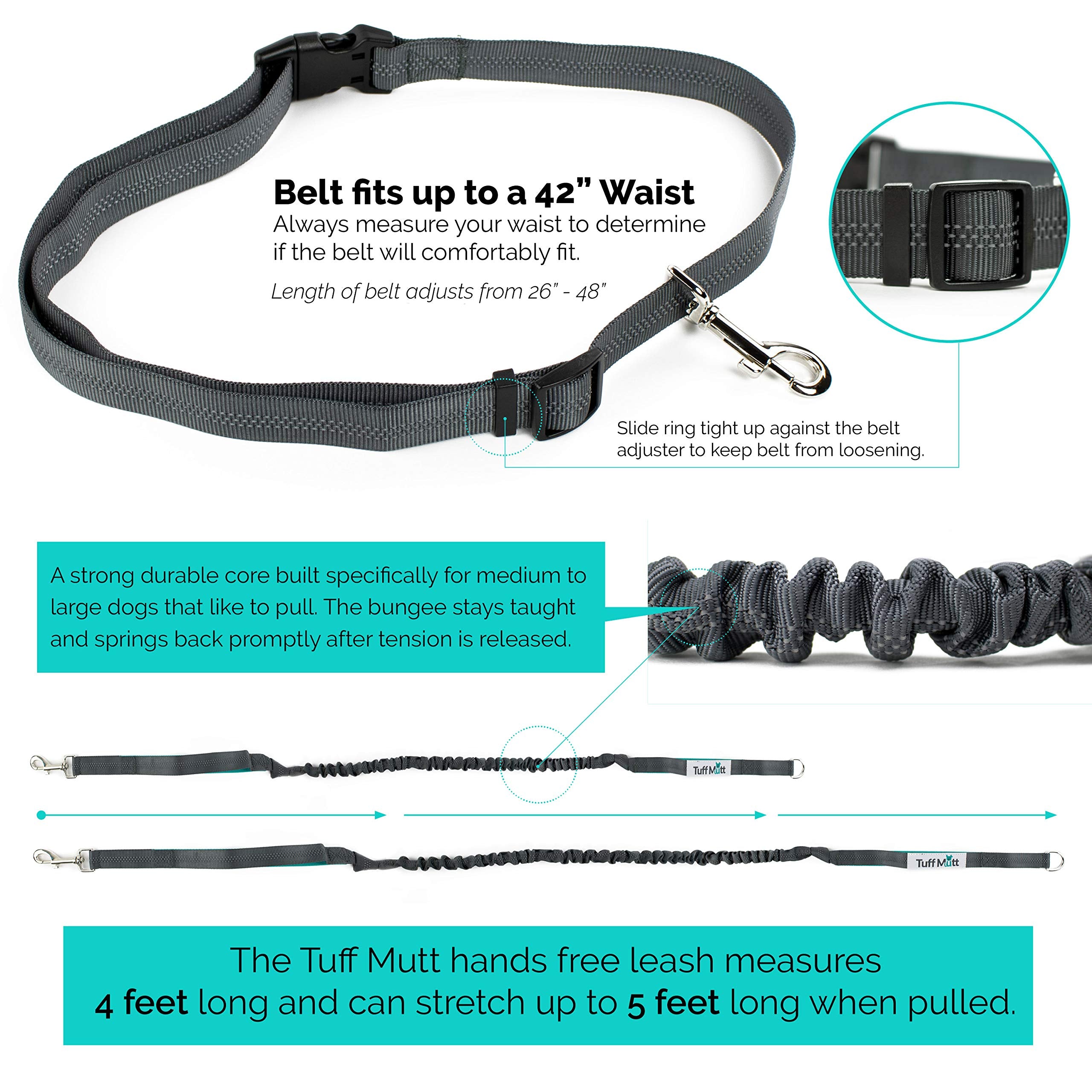 Tuff Mutt Hands-Free Waist Leash reflective stitching enhances visibility in low light.